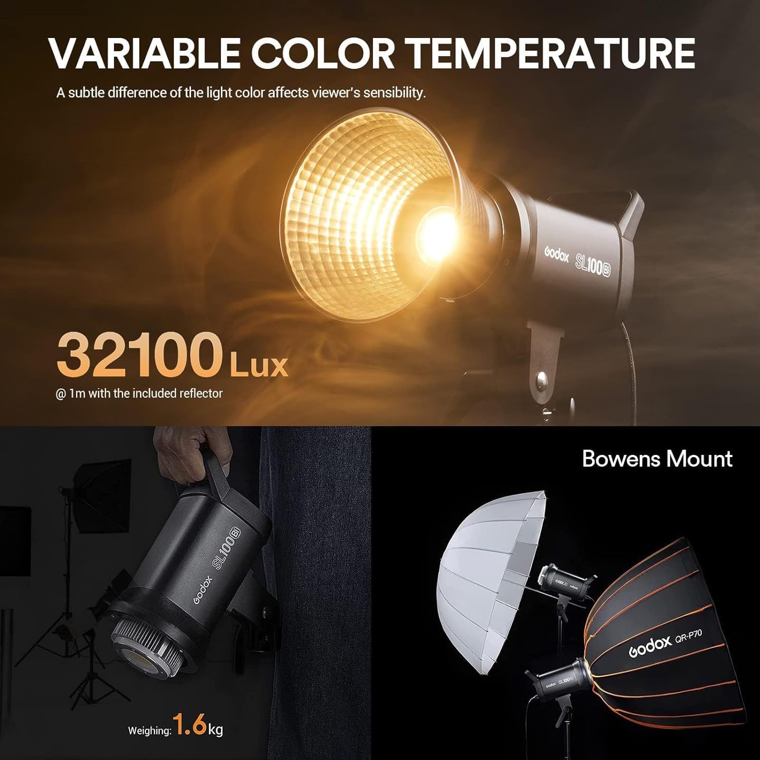 Godox Sl100Bi 100W Bi Color Led Video Light, 32100Lux@1M 2800K 6500K Cri96+ Tlci97+ Bowens Mount Led Continuous Lighting For Pho