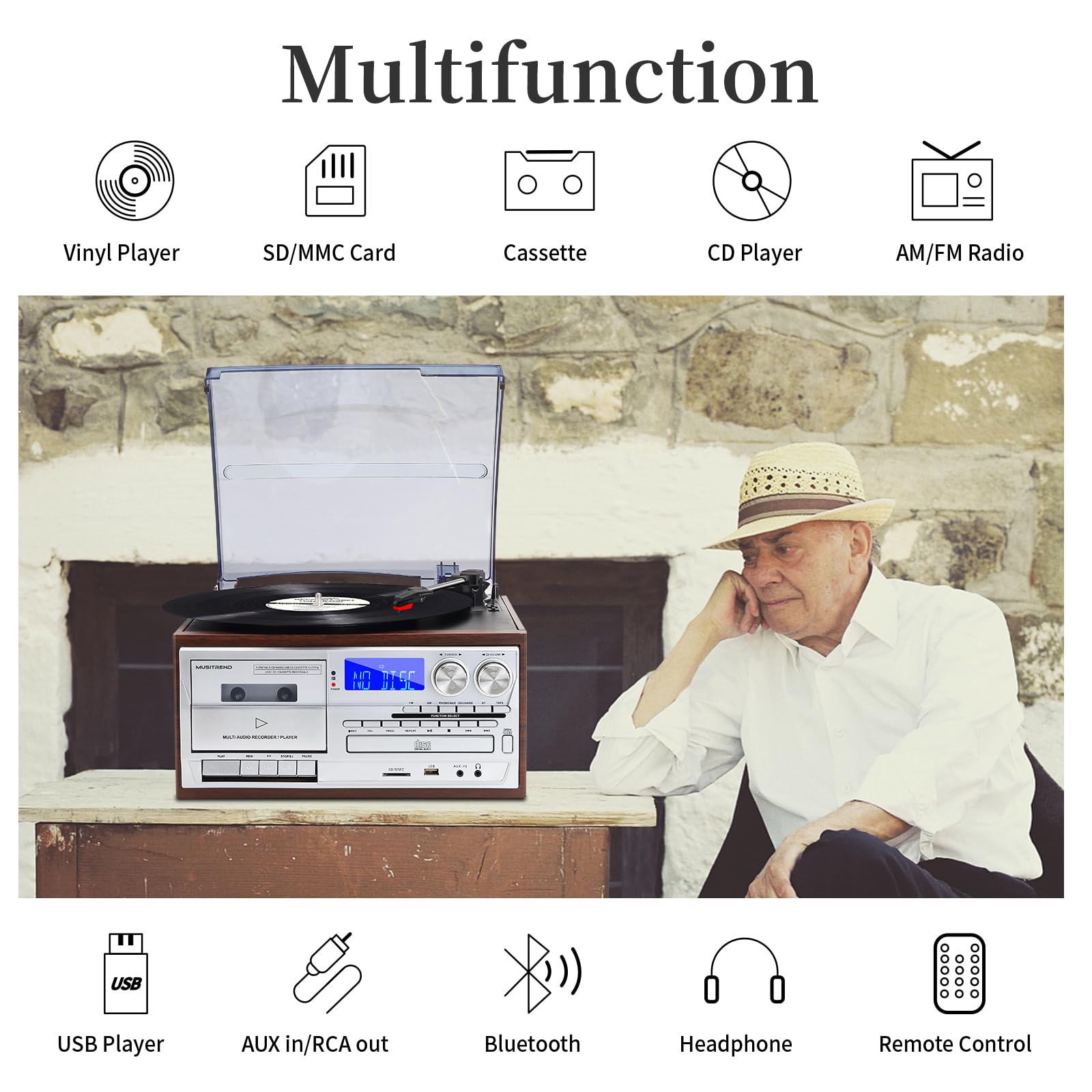 MUSITREND 9-in-1 Vintage Record Player, Bluetooth Turntable, CD, Casse ...