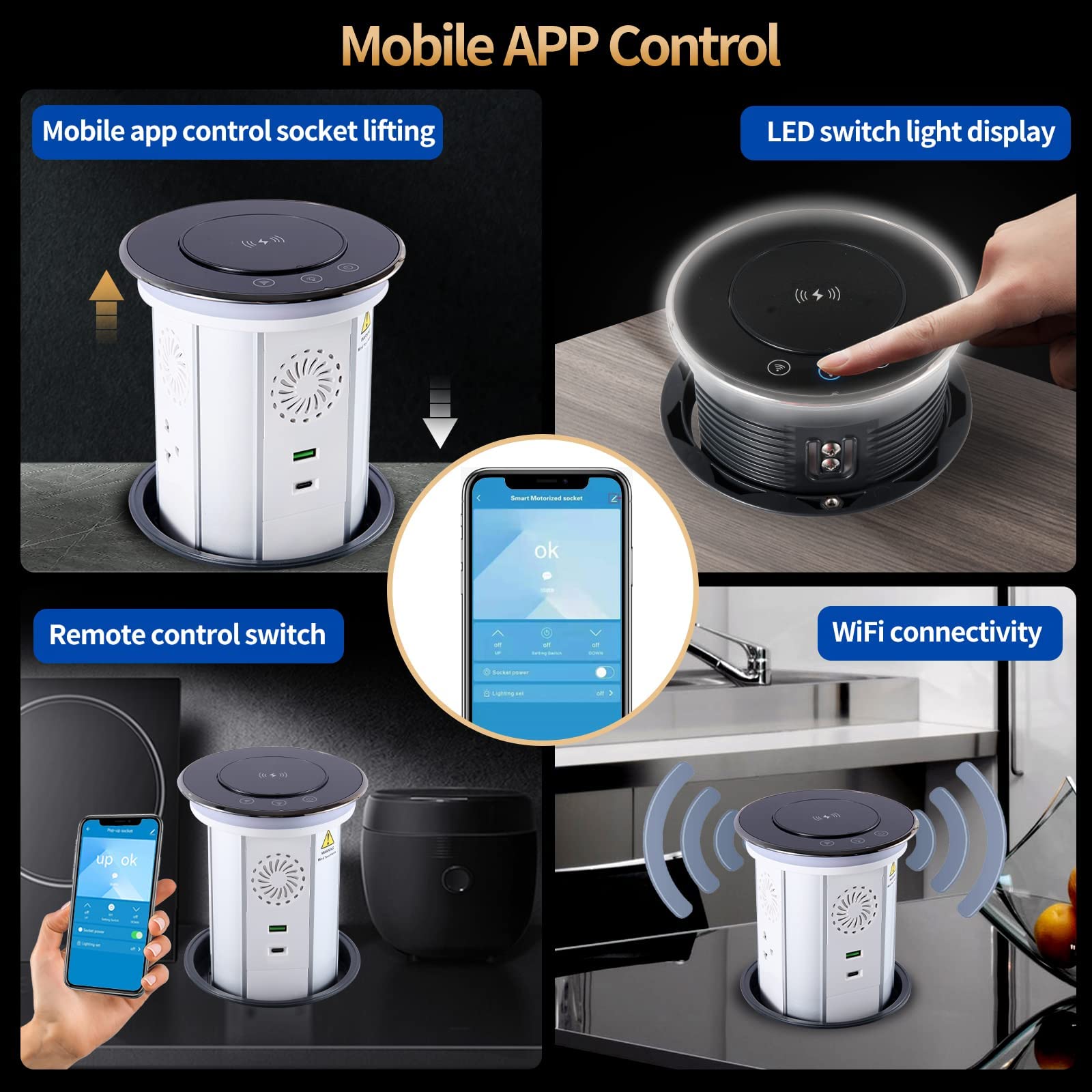 Redcomets Pop Up Outlet For Countertop With Mobile App Remote Control, 4.9''Space Saver Recessed Outlet With 3 Outlets,2 Usb Por