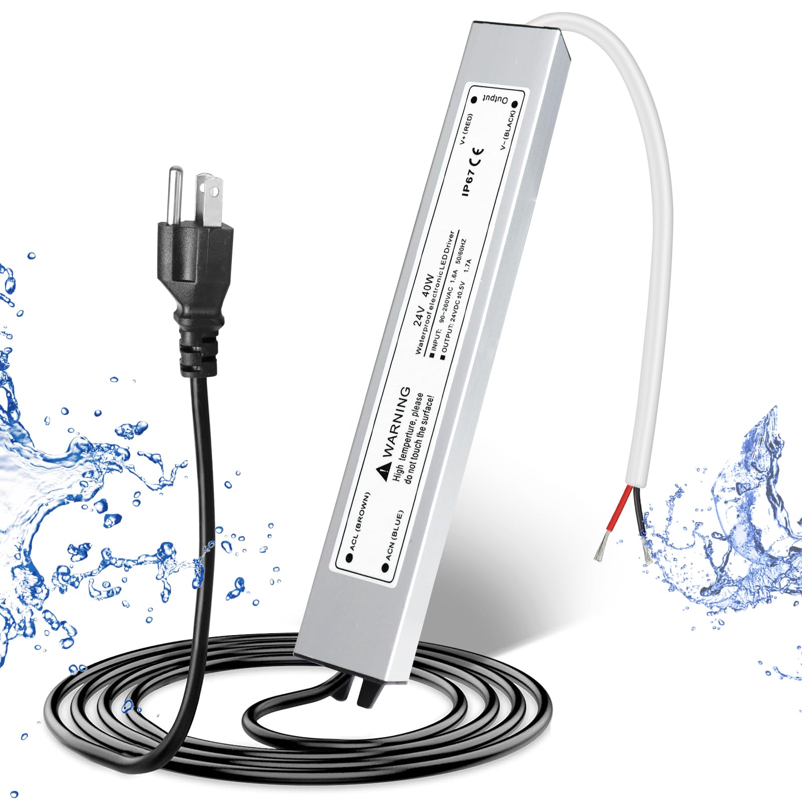 24V 40W Led Power Supply, Waterproof Ip67 Led Driver, Ac 110V To Dc 24 Volt Low Voltage Transformer With 3 Prong Plug 3.3 Feet C