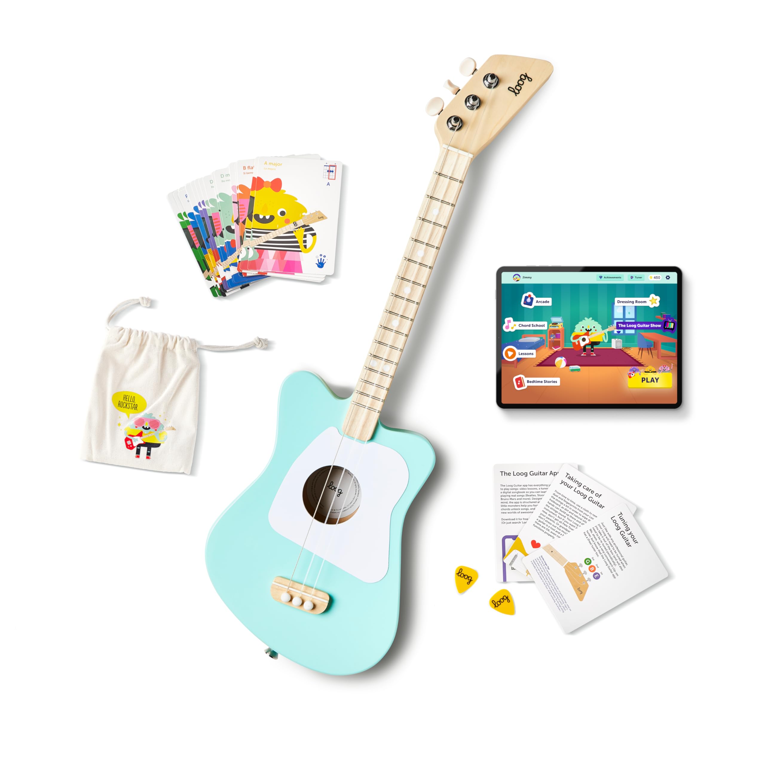 Loog 3 String Acoustic Kids Guitar For Beginners, App & Lessons, Green, For Children (Lgmig)