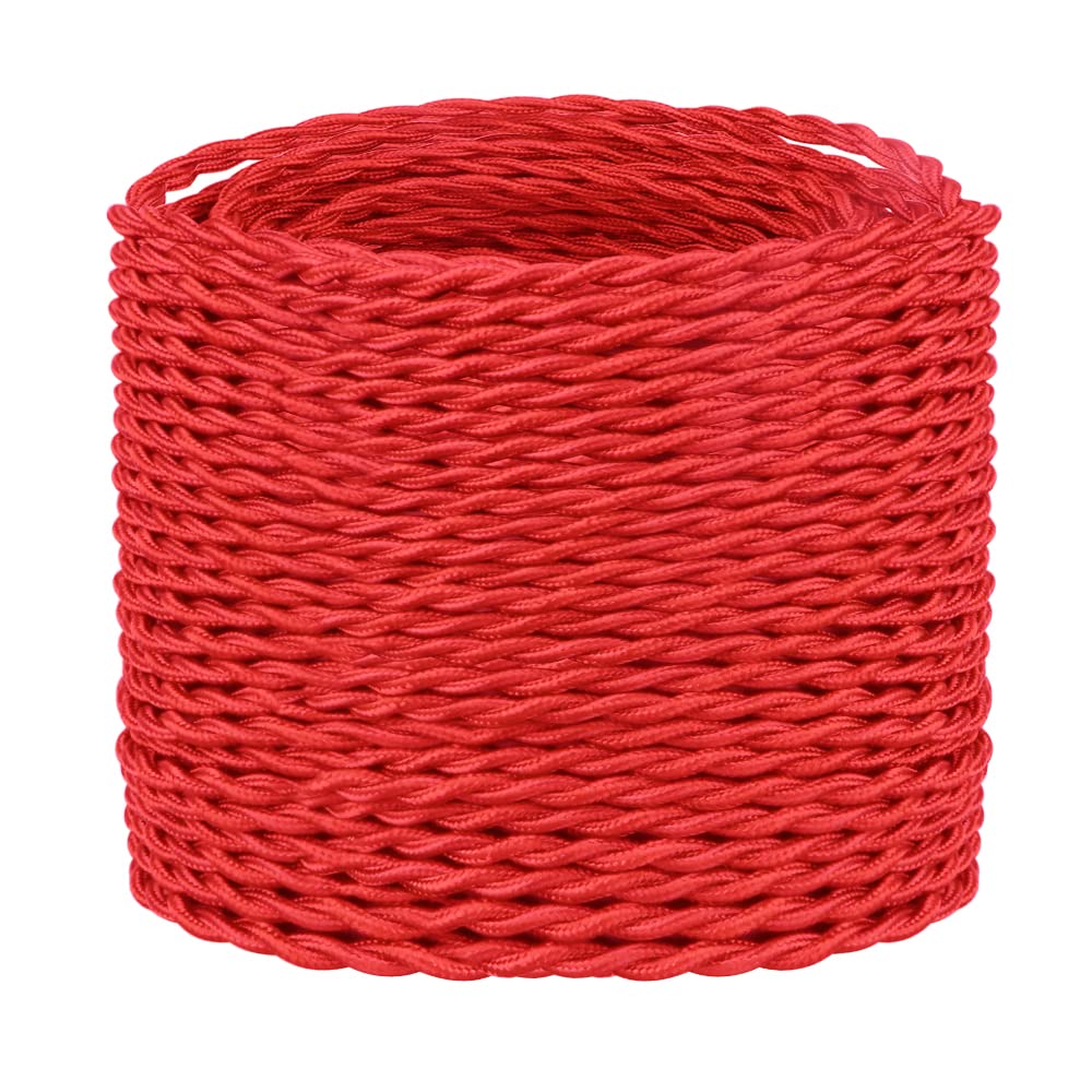 Helunsi 32.8Ft Twisted Cloth Covered Wire, Red 18/2 Cloth Covered Electrical Wire, 18 Wire Gauge 2 Conductor Fabric Covered Lamp