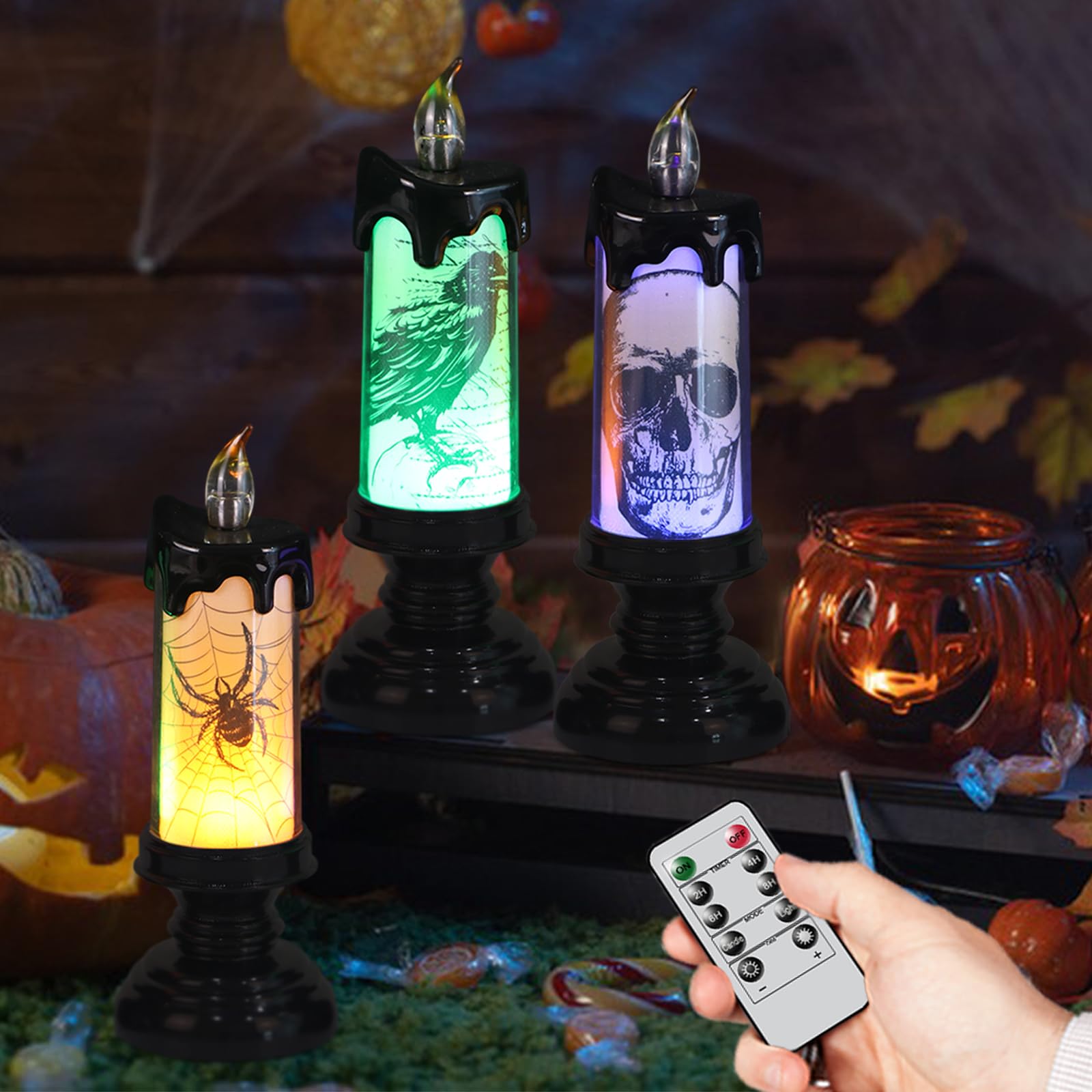 Lasumora 3Pcs Led Pillar Candles With Remote Timer, Battery Operated Halloween Flameless Candles, Skull, Spider, Crow Flickering
