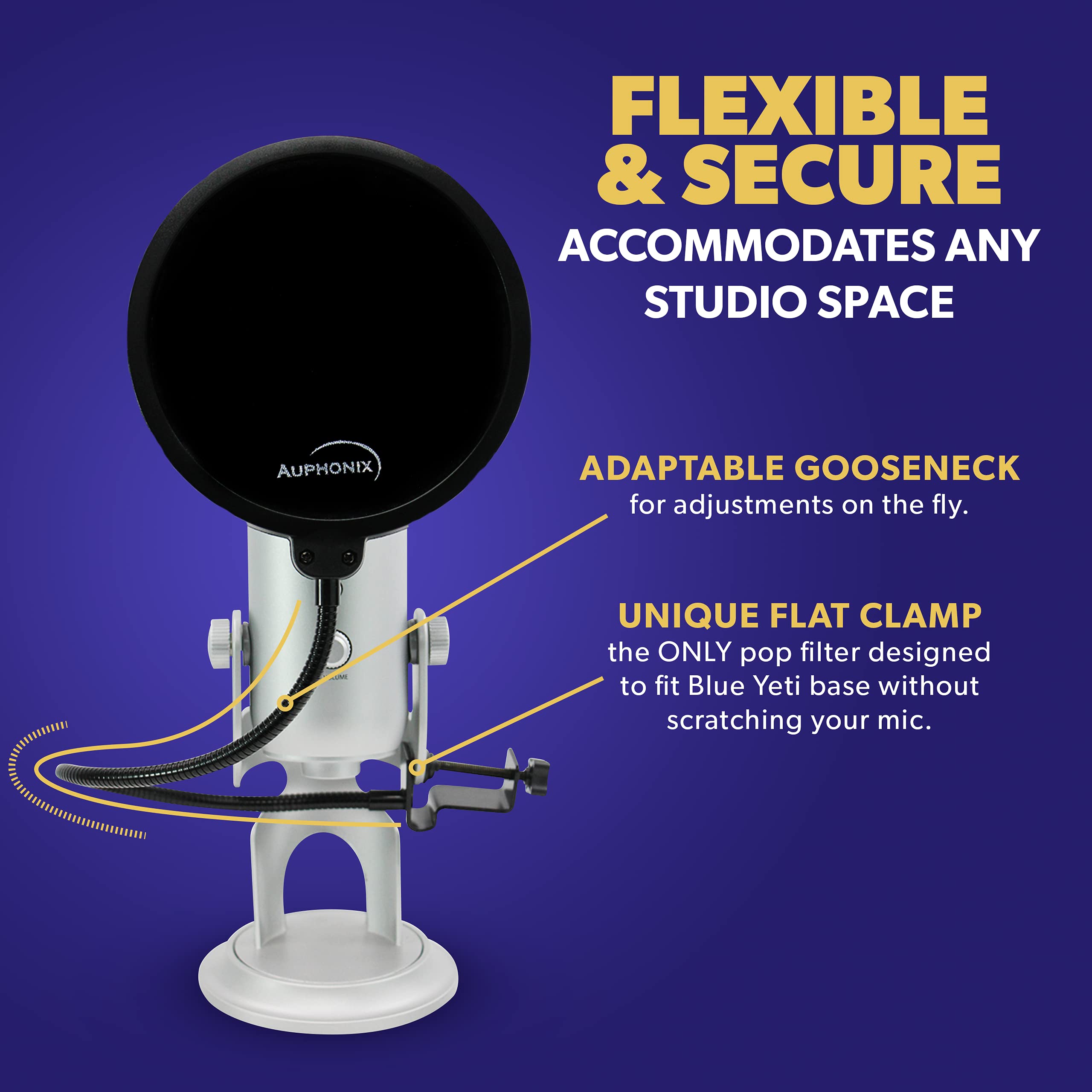 Auphonix Pop Filter Screen For Microphones   Gooseneck Clamps Compatible With Blue Yeti Microphone   Great Gift