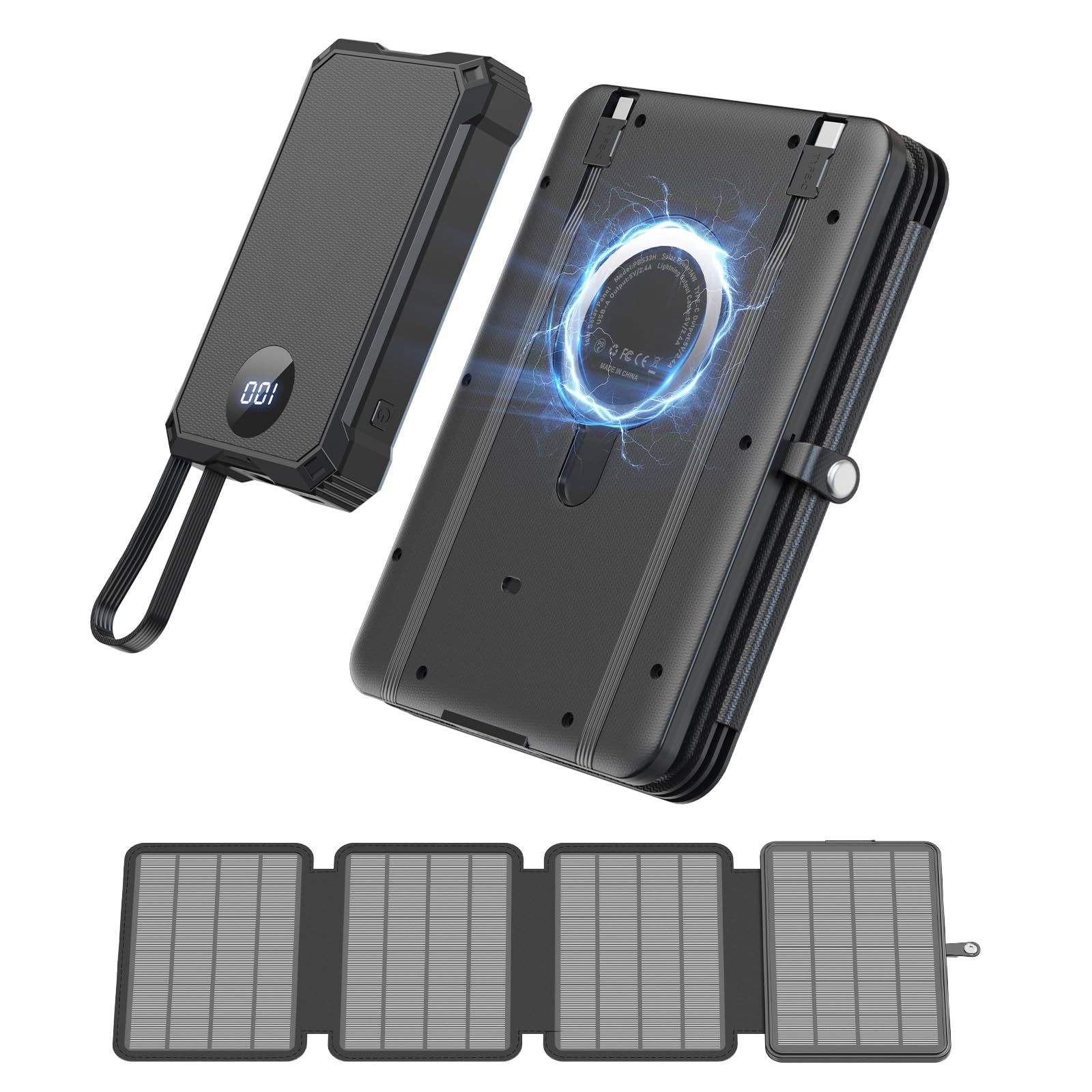 YELOMIN Solar Power Bank 10000mAh with 4 Panel Foldable Solar Charger,Portable Charger with 3 Builtin Cables, 15W Wireless Char