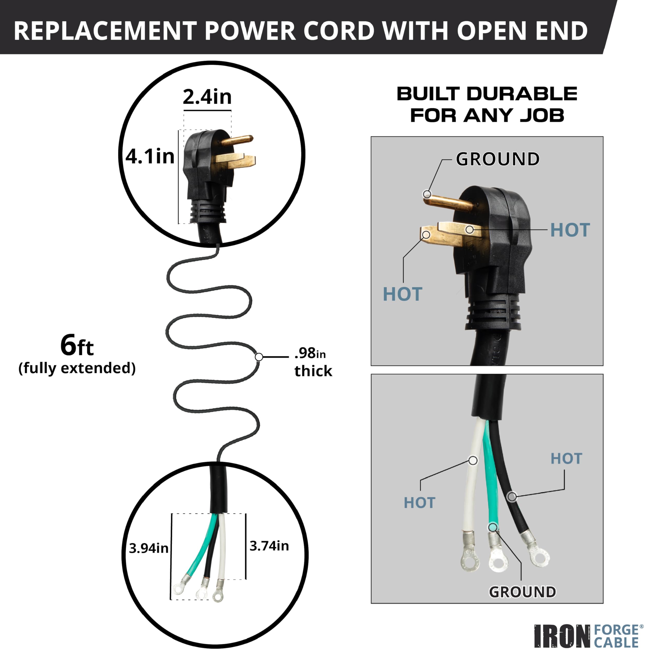 Iron Forge Cable Nema 6 50P Ev Replacement Extension Cord 6 Ft With Open End, 50 Amp Power Cable With Eyelet 3 Wire 6/3 Gauge Co