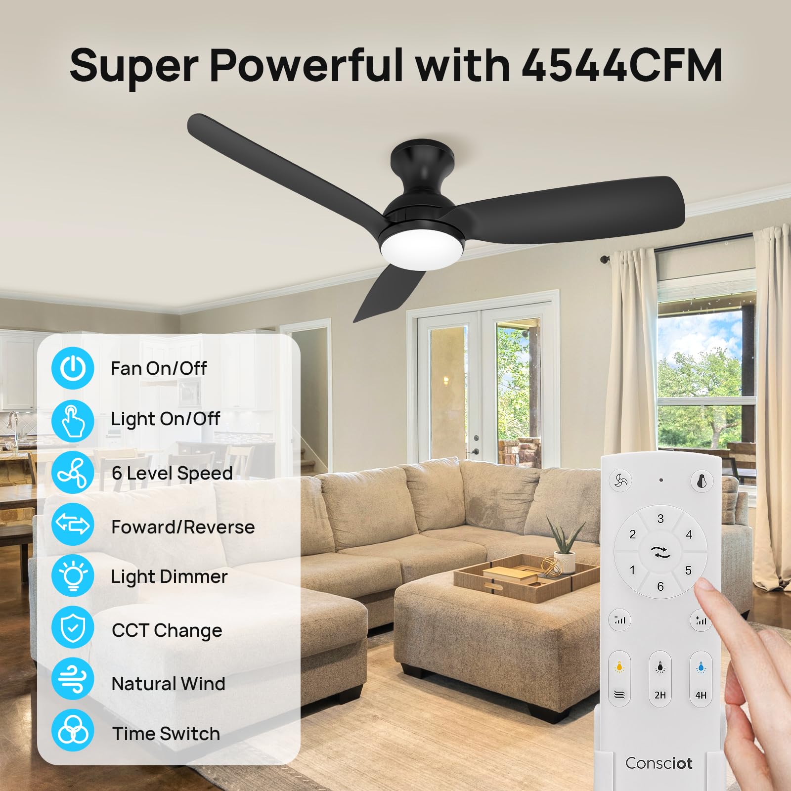 Consciot Ceiling Fan With Light, 44 Inch Low Profile Ceiling Fan With Remote Control, 6 Speed Choice, Reversible Dc Motor, 3Cct,