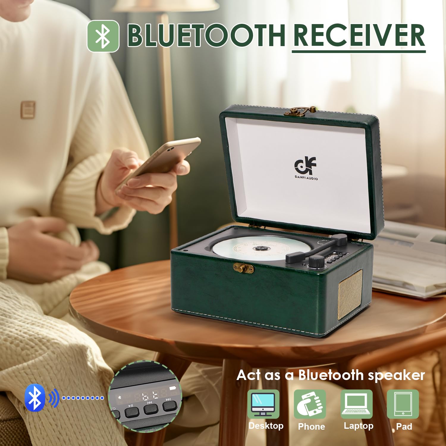 Cd Player Portable Bluetooth 5.0 Desktop Cd Player With Wireless Transmission Stereo Speakers, Support Usb Playback, Rechargeable Battery Led Screen Retro Design Cd Player For Home, Green