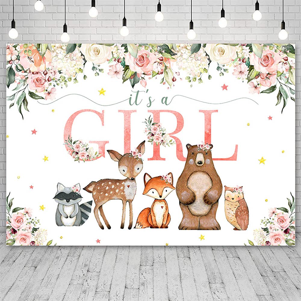 Ablin 7X5Ft Woodland Baby Shower Backdrop For Girls Pink Flowers Photography Background Woodland Animals Baby Shower Decorations