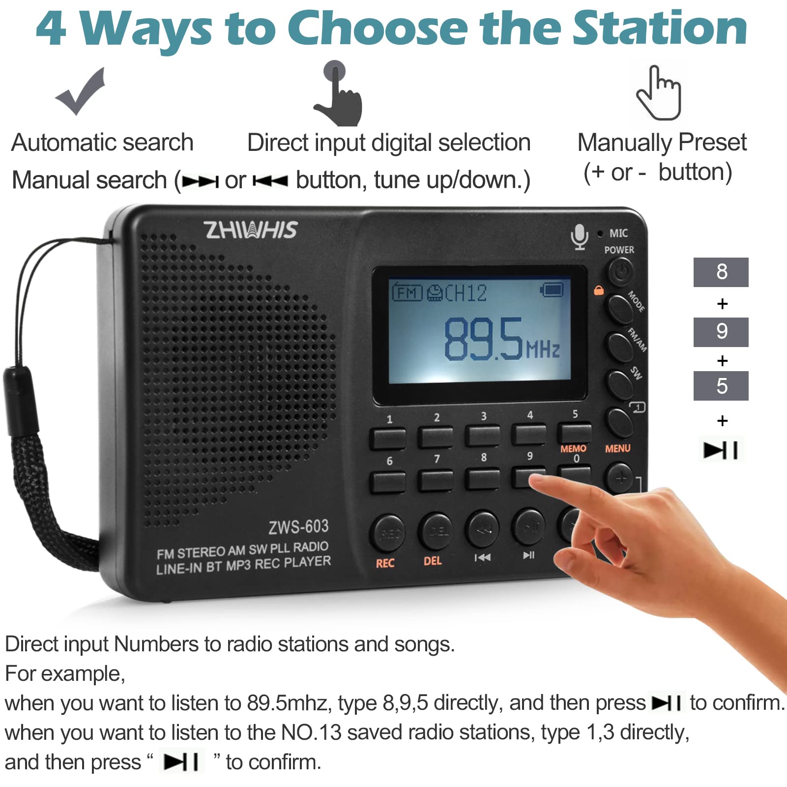 Zhiwhis Portable Bluetooth Radio, Fm Am Shortwave Radios With Sleep Timer And Preset Function, Rechargeable Digital Recorder, St