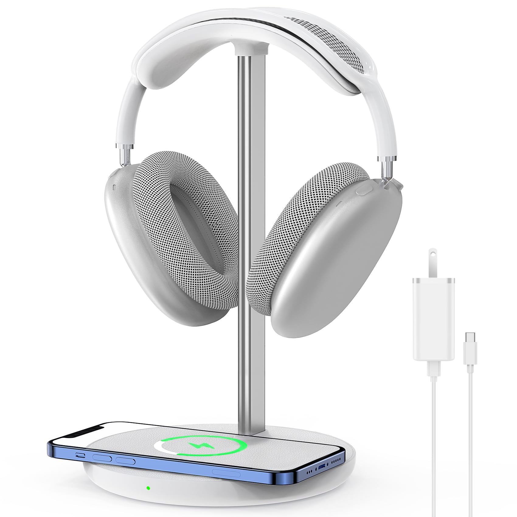 Headphone Stand with Wireless Charger, Gaming Headset Holder Hanger Rack 2 in 1 Wireless Charging Station Dock for iPhone 15/14/