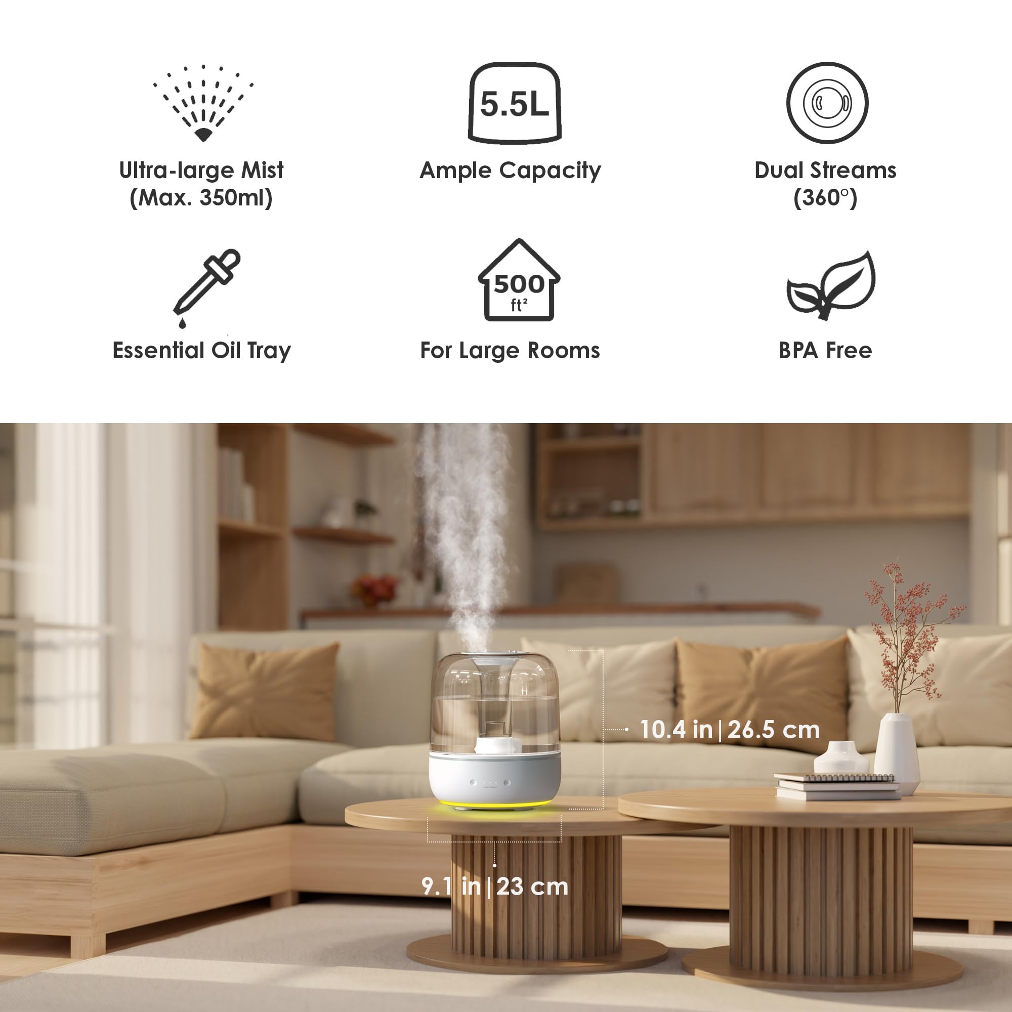 Airversa Humidifiers For Home Bedroom Large Room Smart Works With Apple Home Over Thread 5.5L Cool Mist For Indoor Use App/Voice
