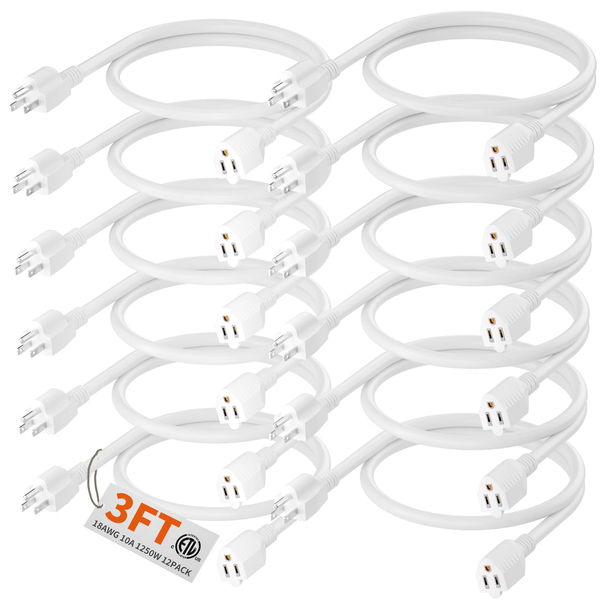 Huanchain 12 Pack Of 3Ft White Outdoor Extension Cord 18/3 Gauge Waterproof, Cold Weatherproof  58F, Flame Retardant, Flexible 3