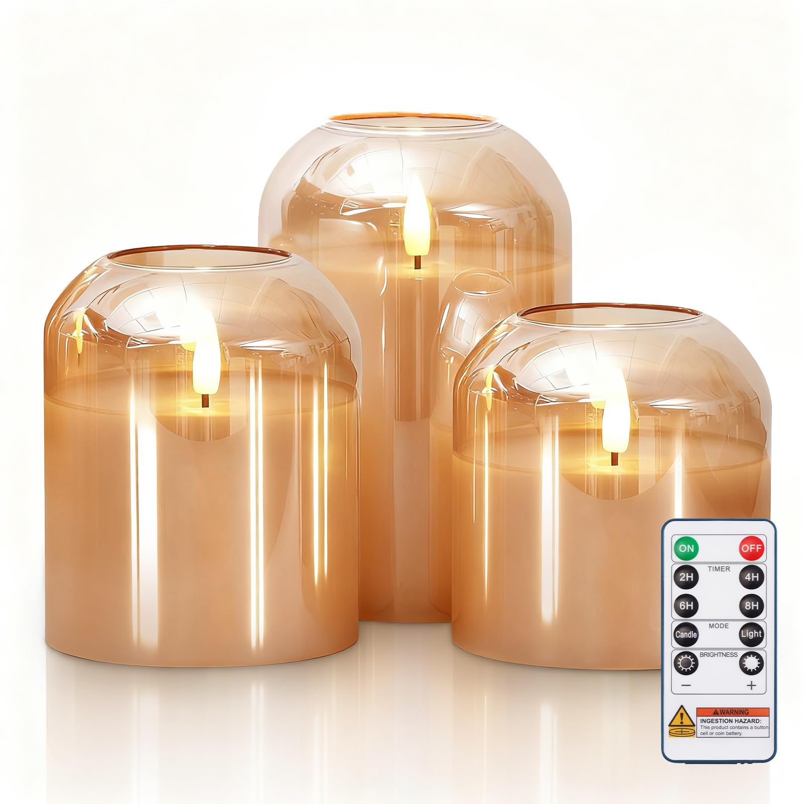 Homemory Glass Flameless Candles, Battery Operated Plliar Candles Realistic Flickering, LED Electric Light with Remote and Timer
