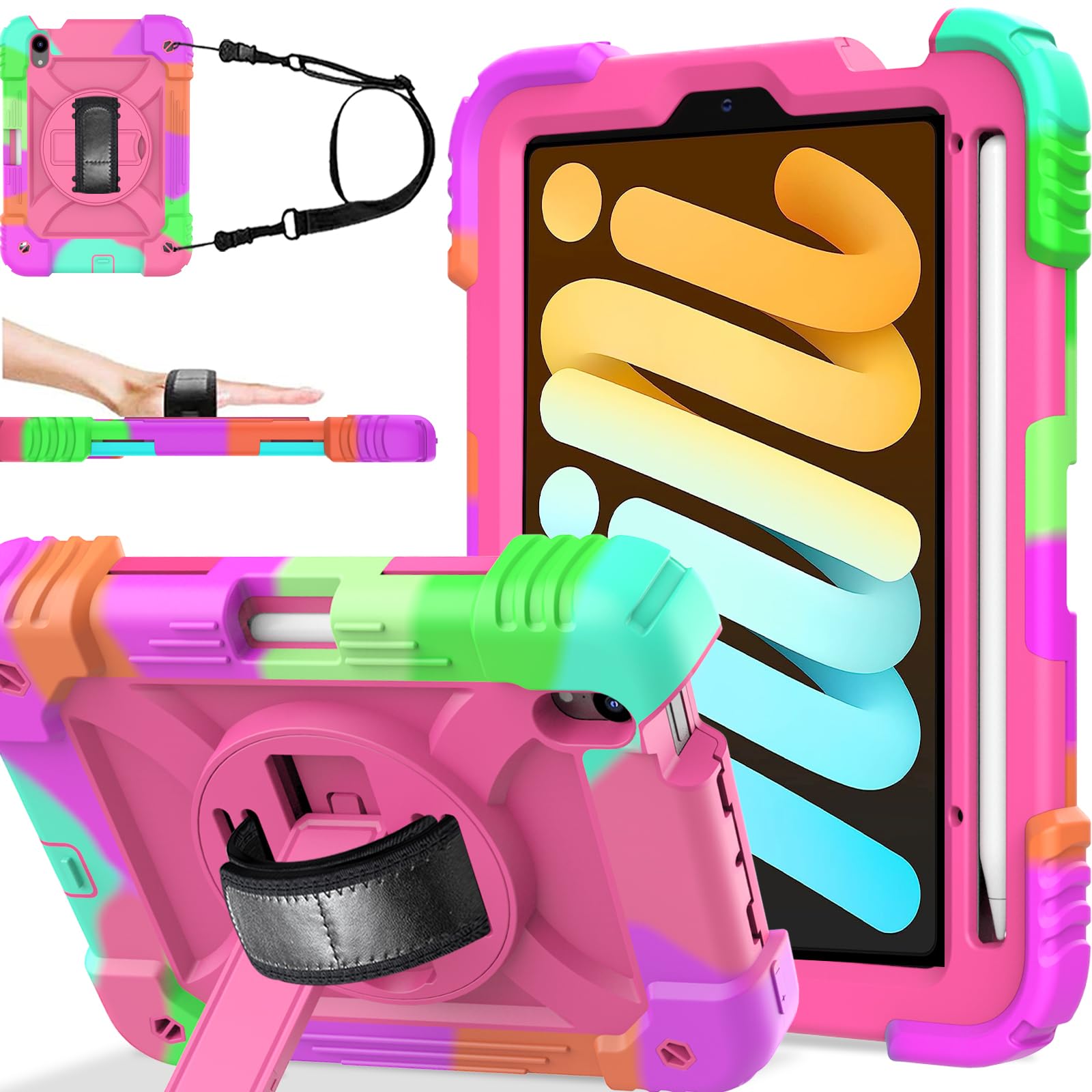 Bmouo Ipad Mini 7/6 Case   Full Body Protection With Rotating Hand Strap/Stand, Rose