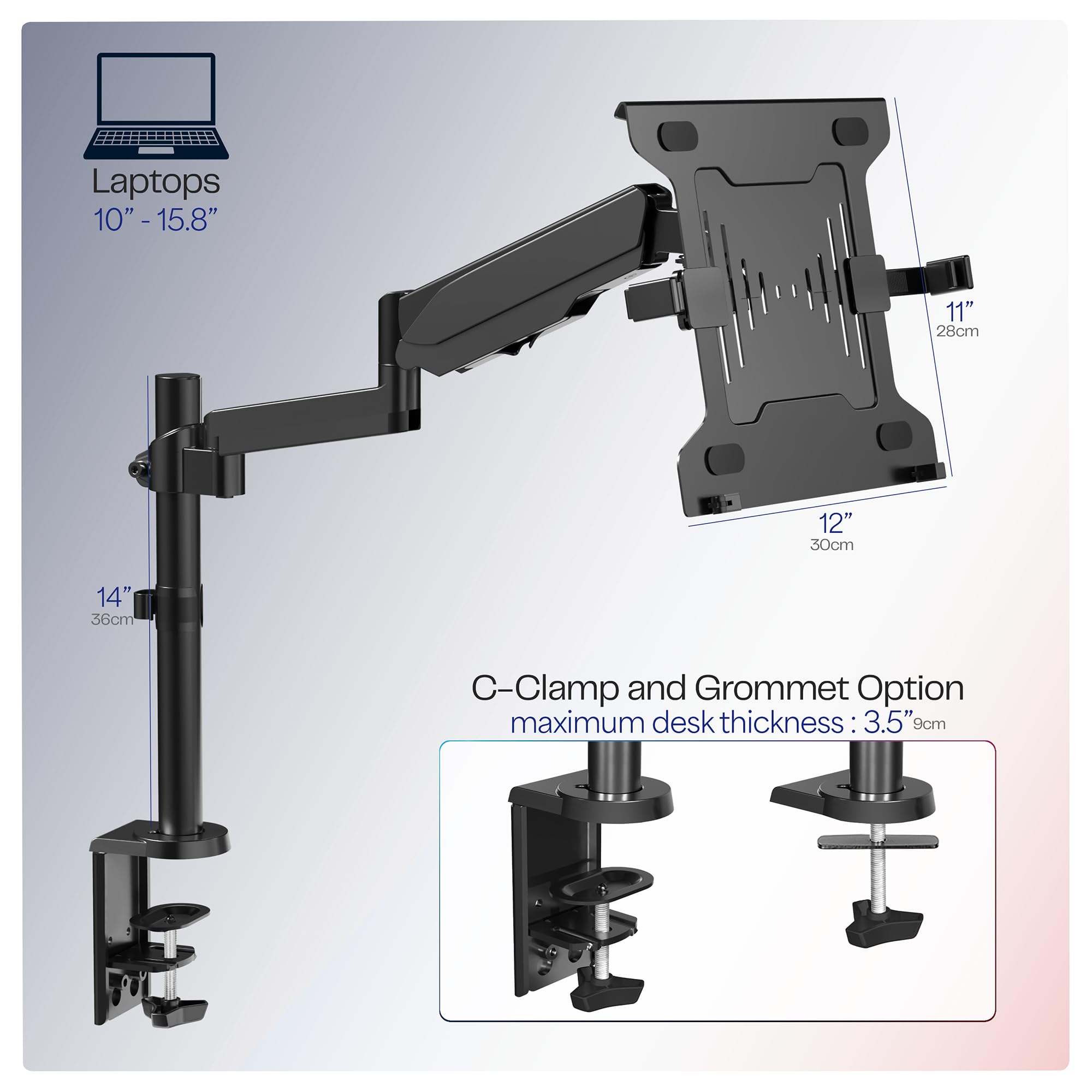 VIVO Universal Adjustable 10 to 15.6 inch Laptop Holder Desk Mount, Single Pneumatic Arm VESA Notebook Stand with C clamp and Grommet Options, Black, STAND V101L