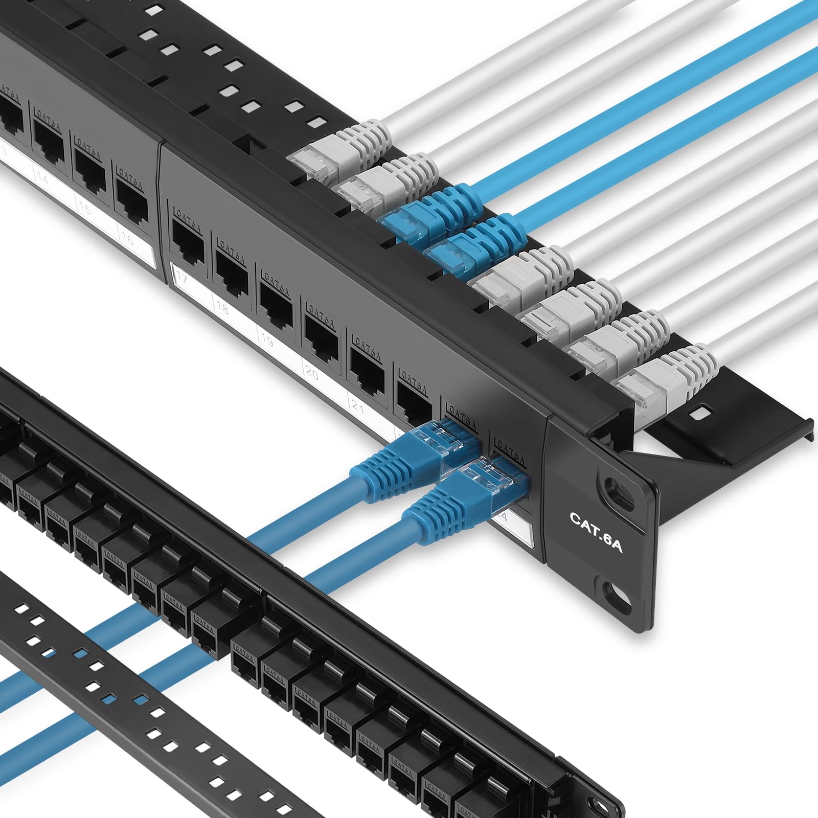 Rapink Patch Panel 24 Port Cat6A With Inline Keystone 10G Support, Pass Thru Coupler Utp 19 Inch With Removable Back Bar, 1U Network Patch Panel For Cat6A,Cat6, Cat5E, Cat5 Cabling