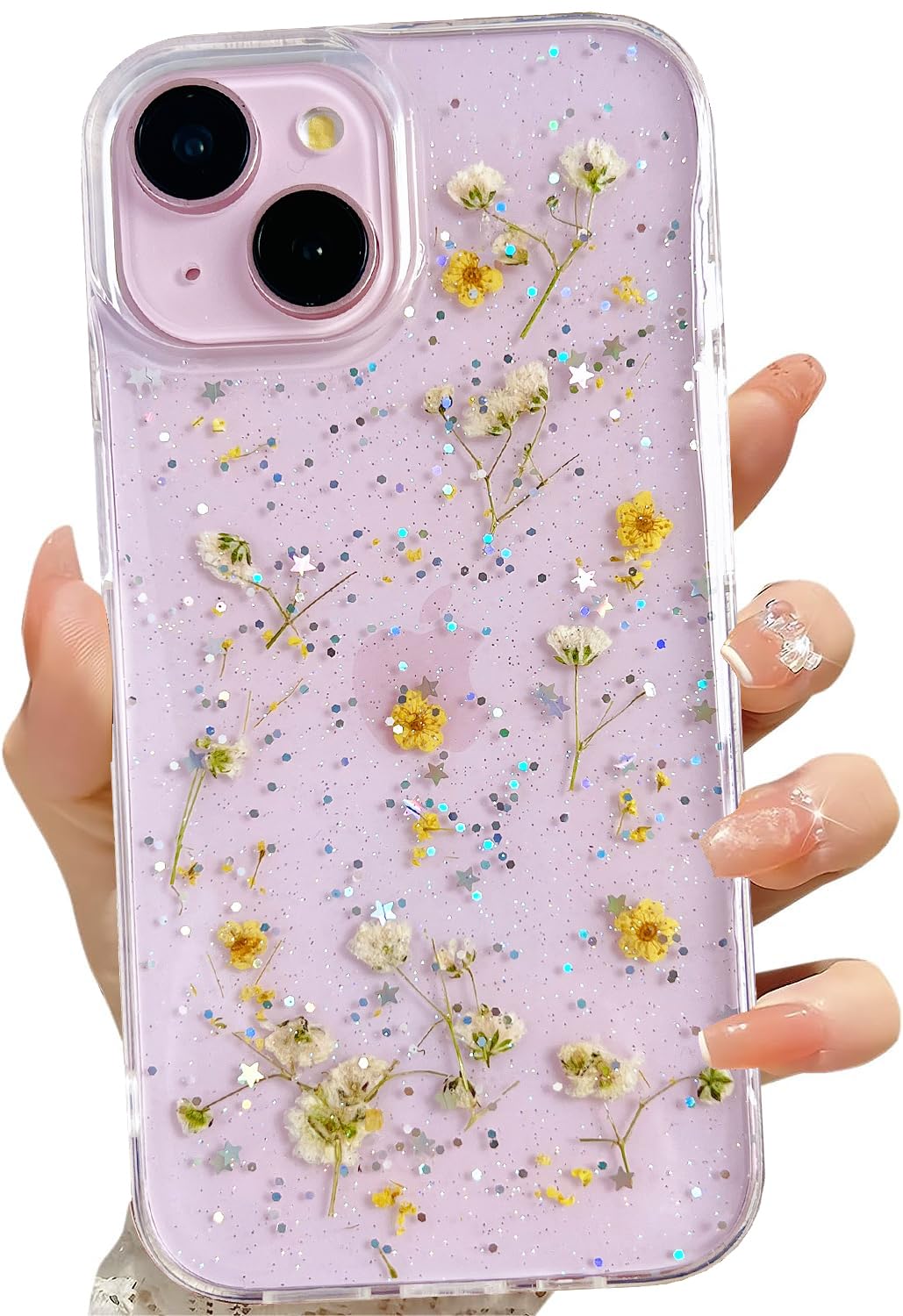 Lseeka For Iphone 13 Mini/Iphone 12 Mini Clear Case With Pressed Real Flowers Design,Glitter Cute Yellow Floral Slim Soft Tpu Pr