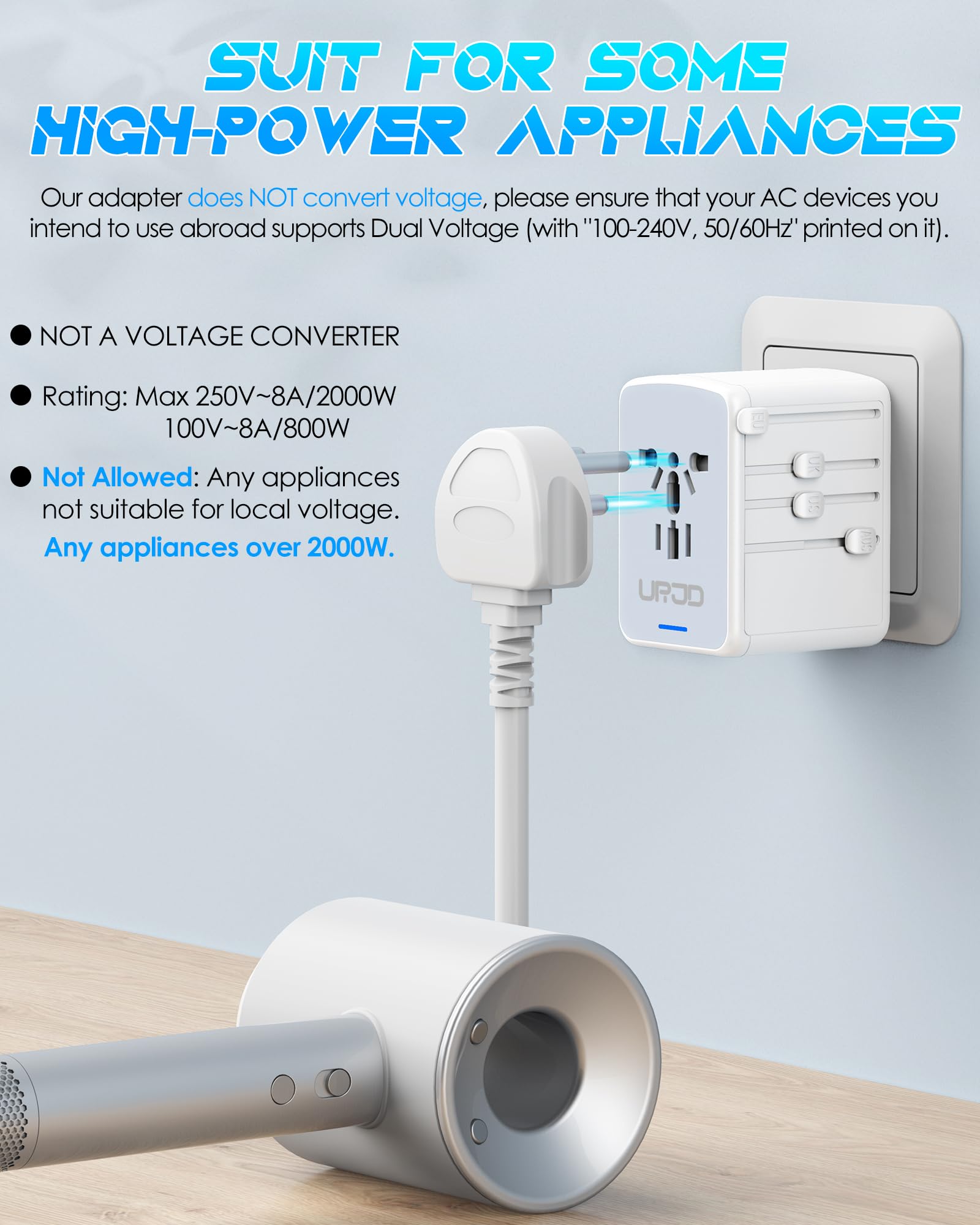 Urjd Universal Travel Adapter 35W Pd Fast Charging Offers 3X2.4A Usb A Ports, 2X Usb C Ports And Multi Ac Outlet, International