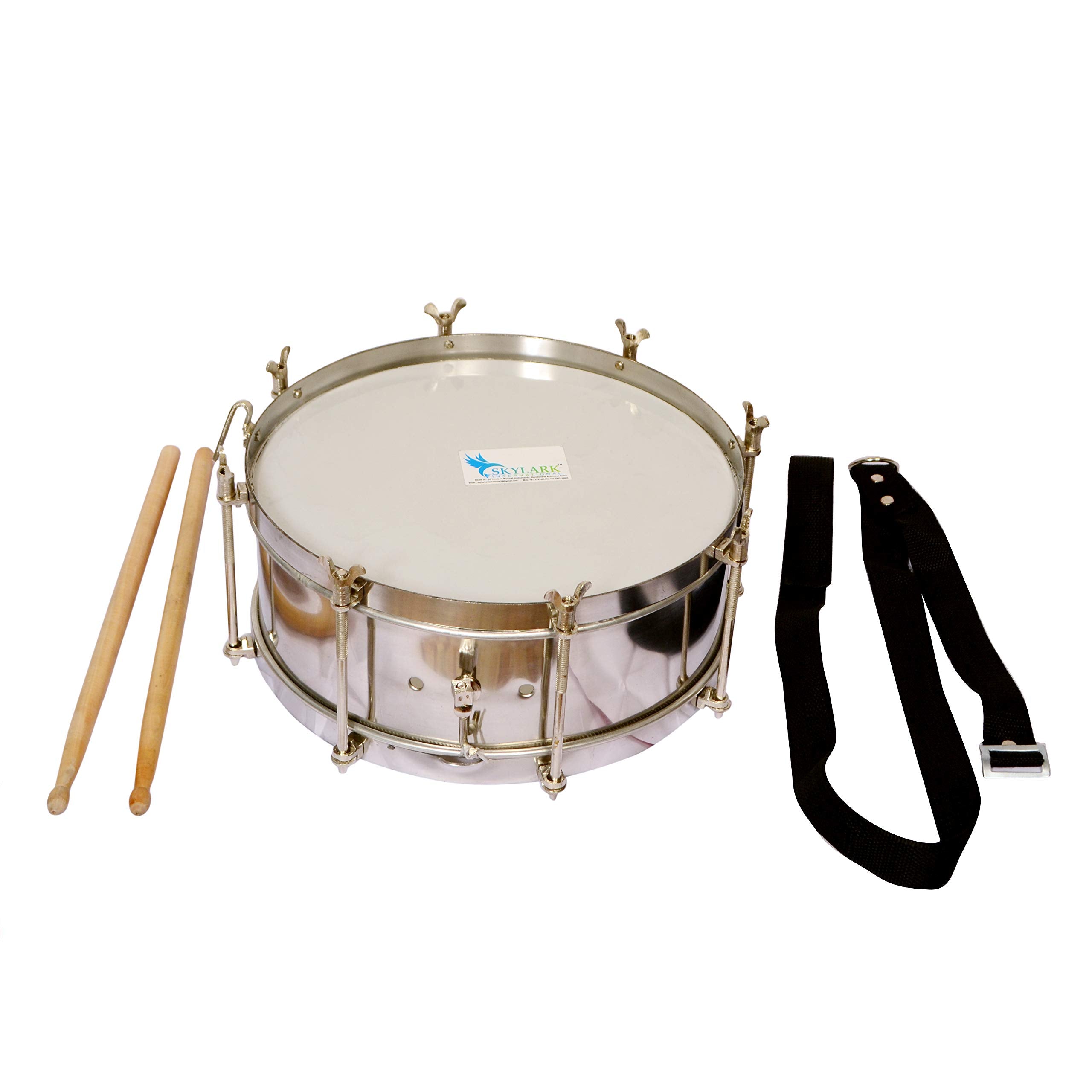 Skylark International Side Drum Dhol Silver 14 Inches Steel With Free Sticks And Belt