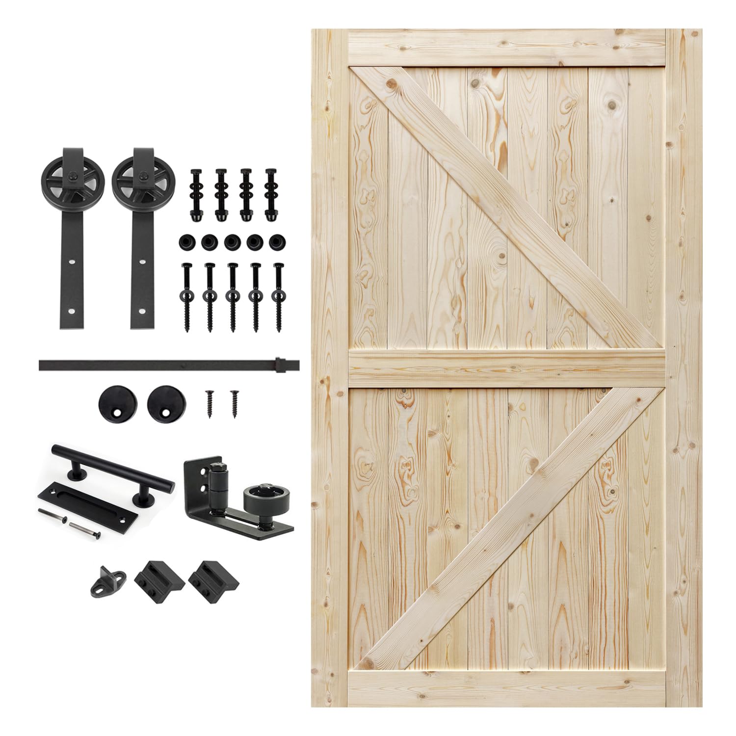 S&Z TOPHAND 50 in. x 84 in. Unfinished British Brace Knotty Barn Door with 10FT Sliding Door Hardware Kit/Solid Wood/Sliding Doo