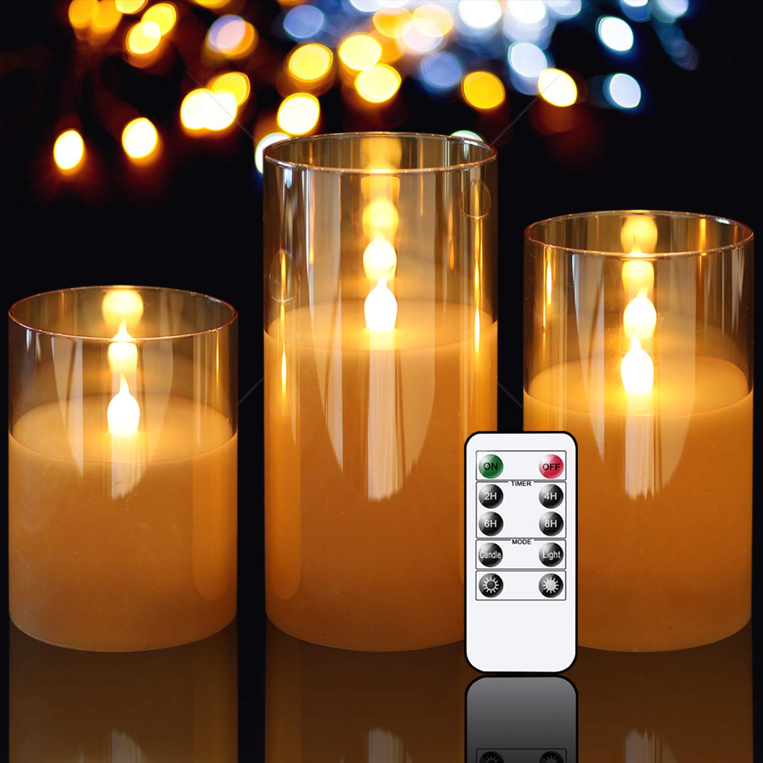 Genswin Gold Glass Battery Operated Flameless Led Candles With 10 Key Remote And Timer, Real Wax Candles Warm White Flickering L