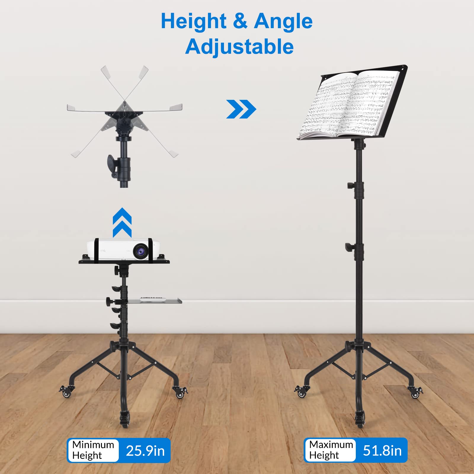 Tossbiss Projector Stand With Wheels, Laptop Tripod Stand With Phone Holder, Rolling Laptop Tripod With Mouse Tray, Adjustable &