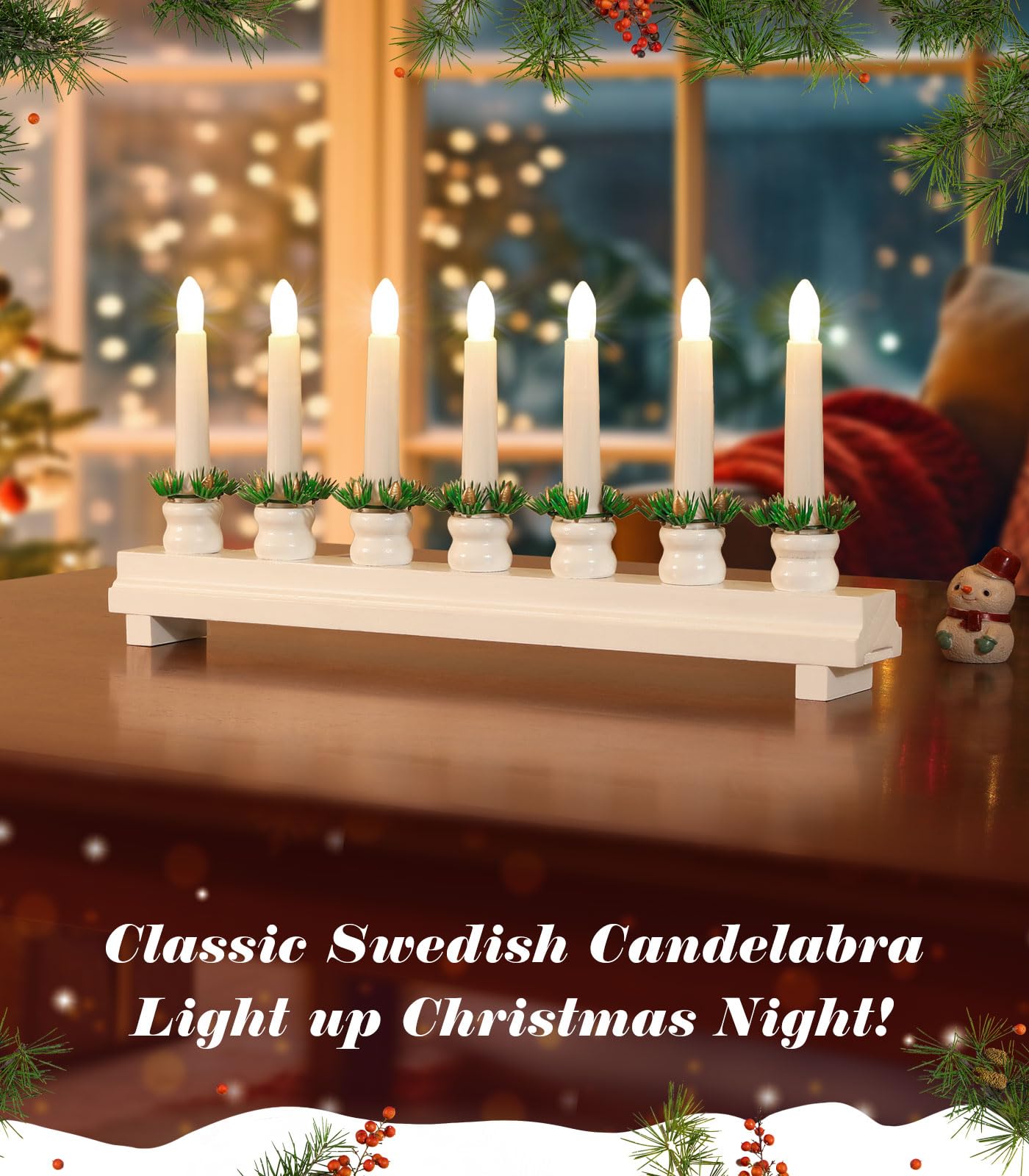 Lewondr Christmas Swedish Candelabra, Electric Candles With 7 Flameless Taper Candles, Wooden Candle Bridge Light With Usb Power