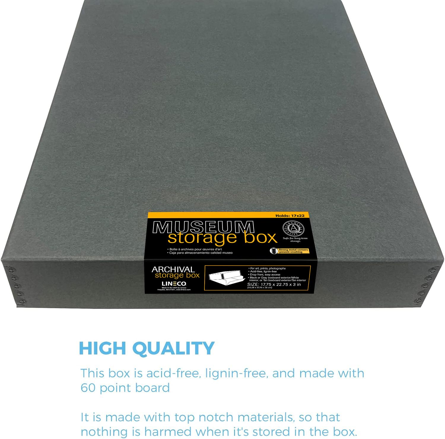 Lineco Museum Archival Storage Box, 17.75X22.75X3 In. Drop Front Design. Acid Free With Metal Edge. Organize Photos, Pictures, Prints, Documents, Crafts, Diy. Gray, 1 Pack