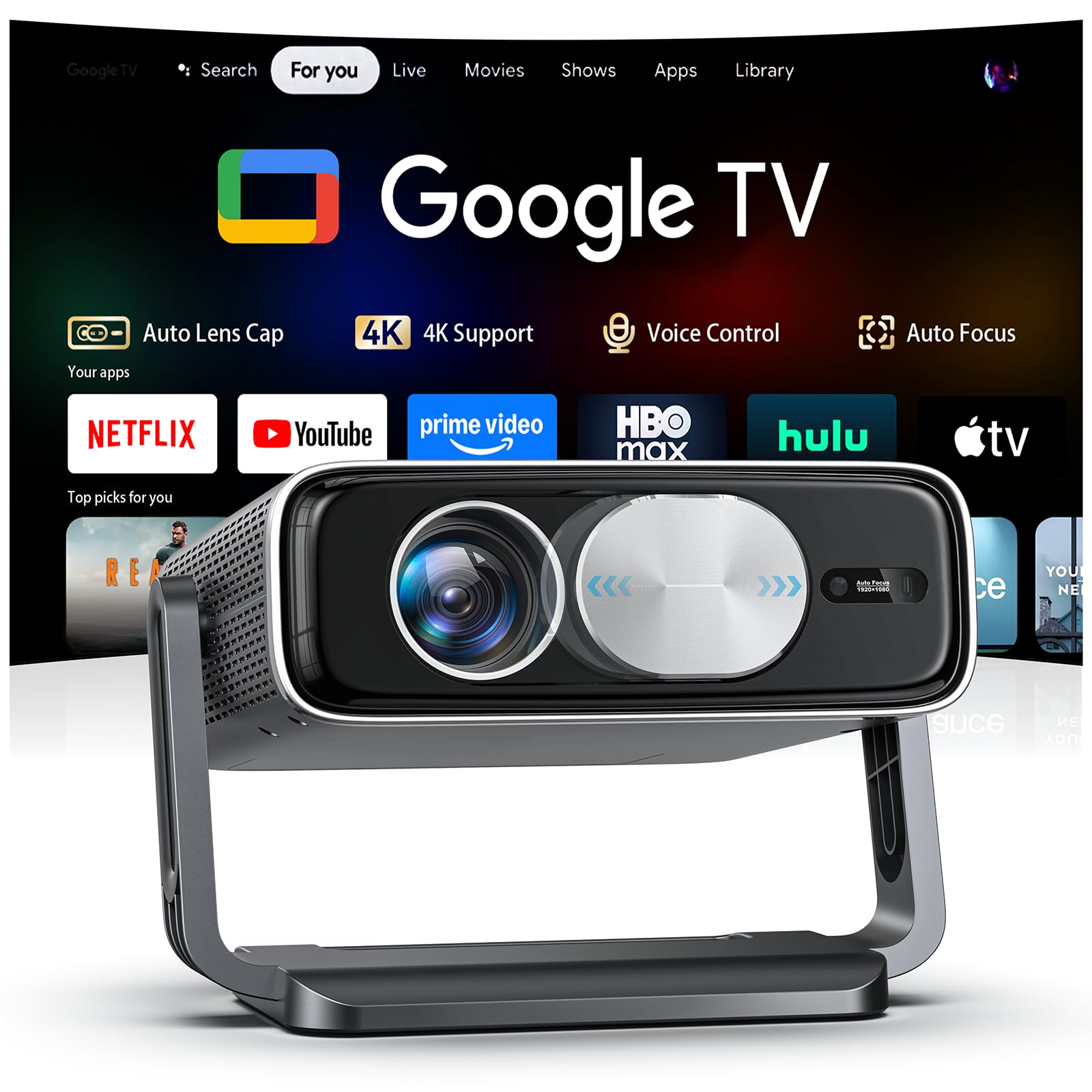 Smart 4K Projector [Bundled with Google TV Stick] with WiFi and Bluetooth, 3000ANSI, Auto Lens Cap, Portable Outdoor Movie Proje