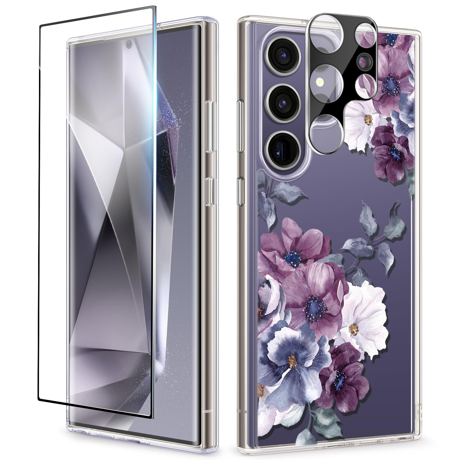 Gviewin For Samsung Galaxy S24 Ultra Case With Screen Protector+Camera Protector, [Mil Grade Drop Protection]Floral Clear Slim S