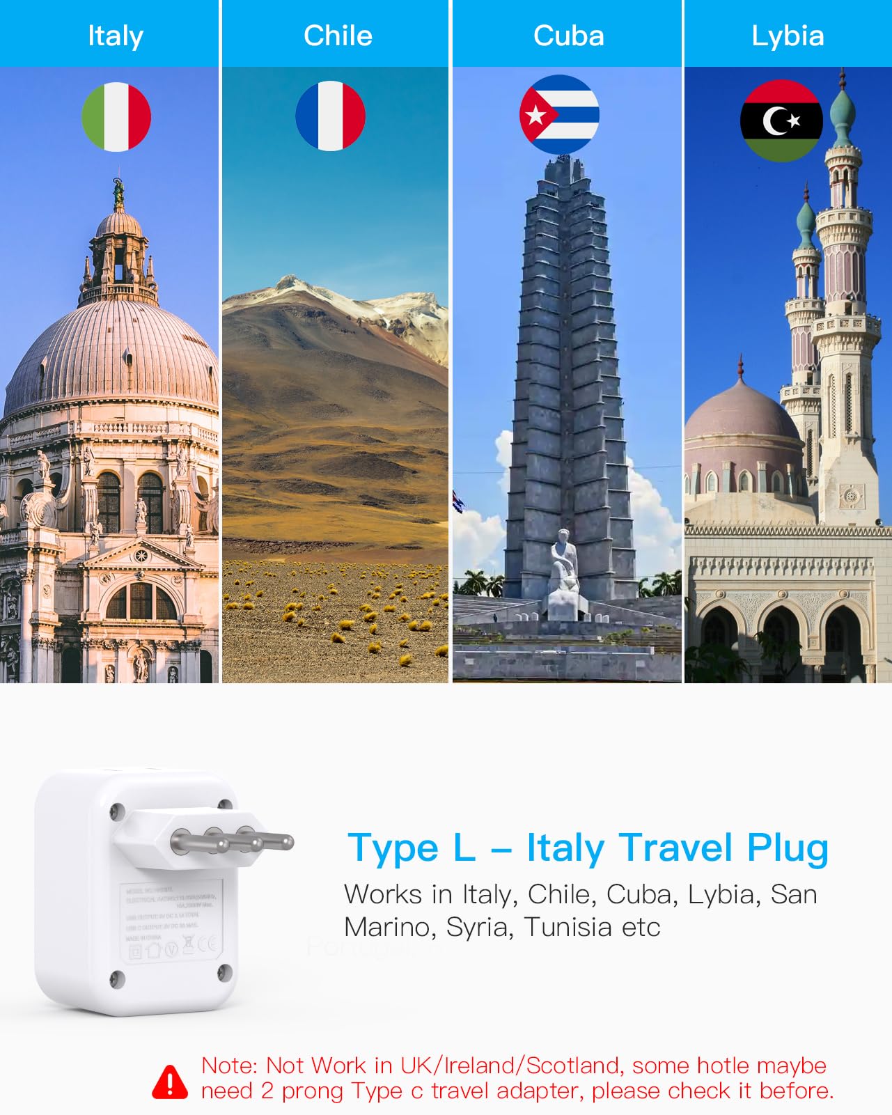 Italy Travel Plug Adapter, Type L Power Plug Adapter With 2 Outlets 3 Usb Ports(2 Usb C) For Us Usa To Italy Rome Uruguay Chile