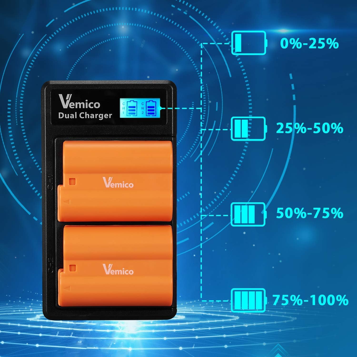 Vemico En El15 En El15A/El15B/El15C Battery Charger Kit 2X2100Mah Replacement Batteries With Dual Slot Lcd Charger For D810 D750