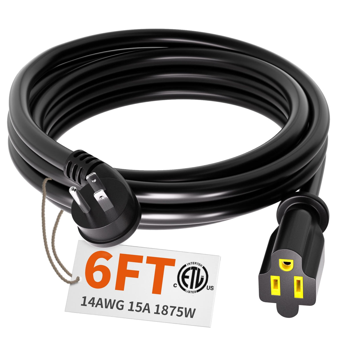 Huanchain 14 Gauge 6 Feet Flat Plug Extension Cord Black Indoor Outdoor, Heavy Duty 3 Prong Grounded Low Profile Extension Wire