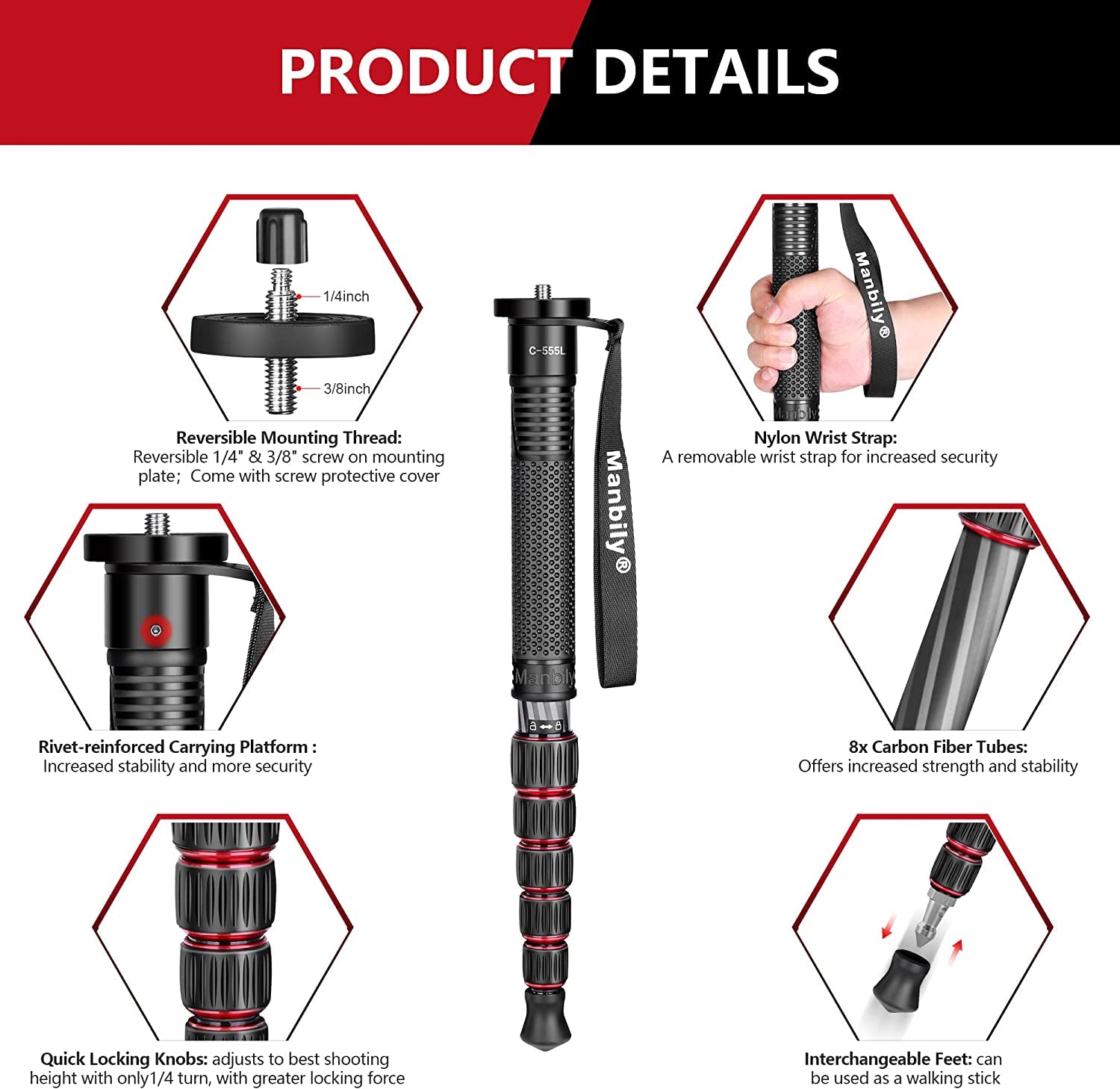 Monopod For Camera, Manbily Camera Monopod Carbon Fiber Portable Compact Lightweight Travel Monopod With Walking Stick Handle For Dslr Canon Nikon Sony Video Camcorder (Carbon Fiber, Red&Black)