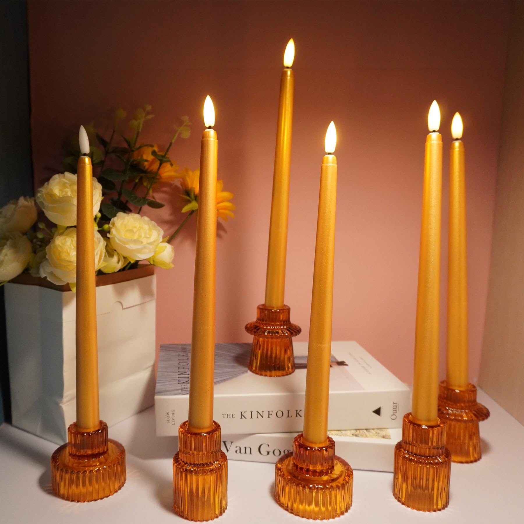 Ni Jasw Gold Flameless Taper Candles With Remote Timer, Flickering Battery Led Candlesticks Set Of 6