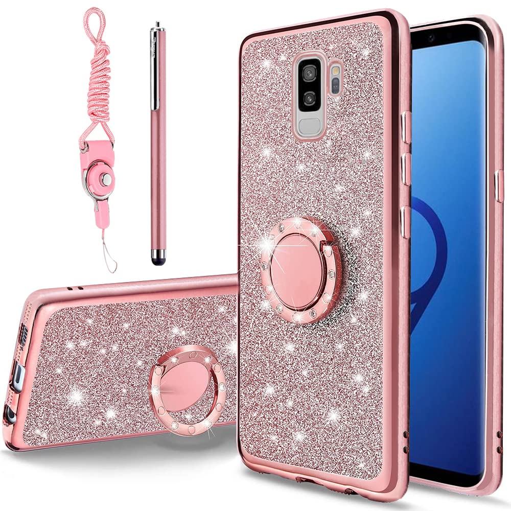 B Wishy For Samsung Galaxy S9 Plus Glitter Crystal Butterfly Heart Floral Slim Tpu Luxury Bling Cute Protective Cover With Kicks