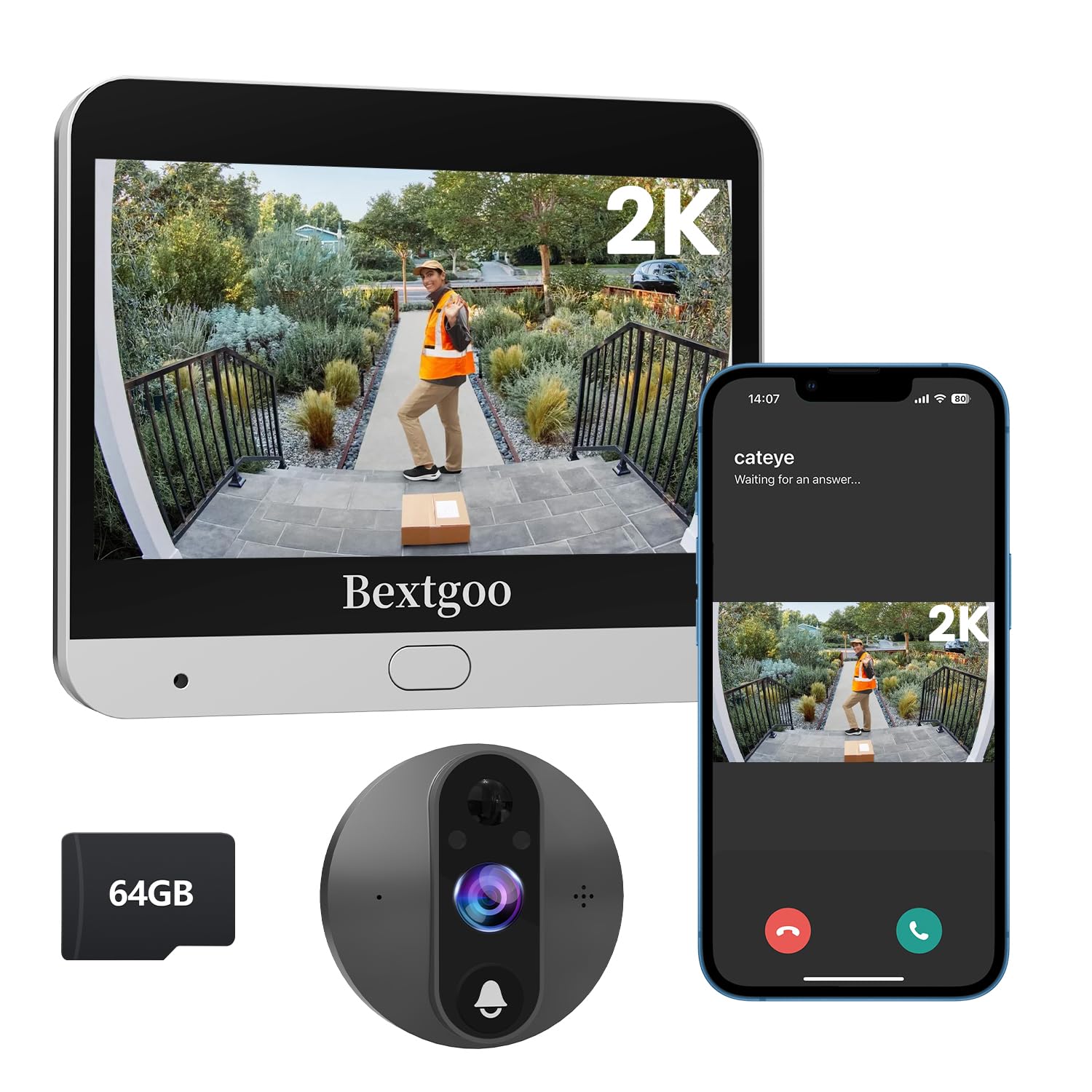 Bextgoo 2K Video Peephole Doorbell Camera with 64GB Memory Card, Door Peephole Video Doorbell with 4.3 Color Monitor, 8000mAh Ba