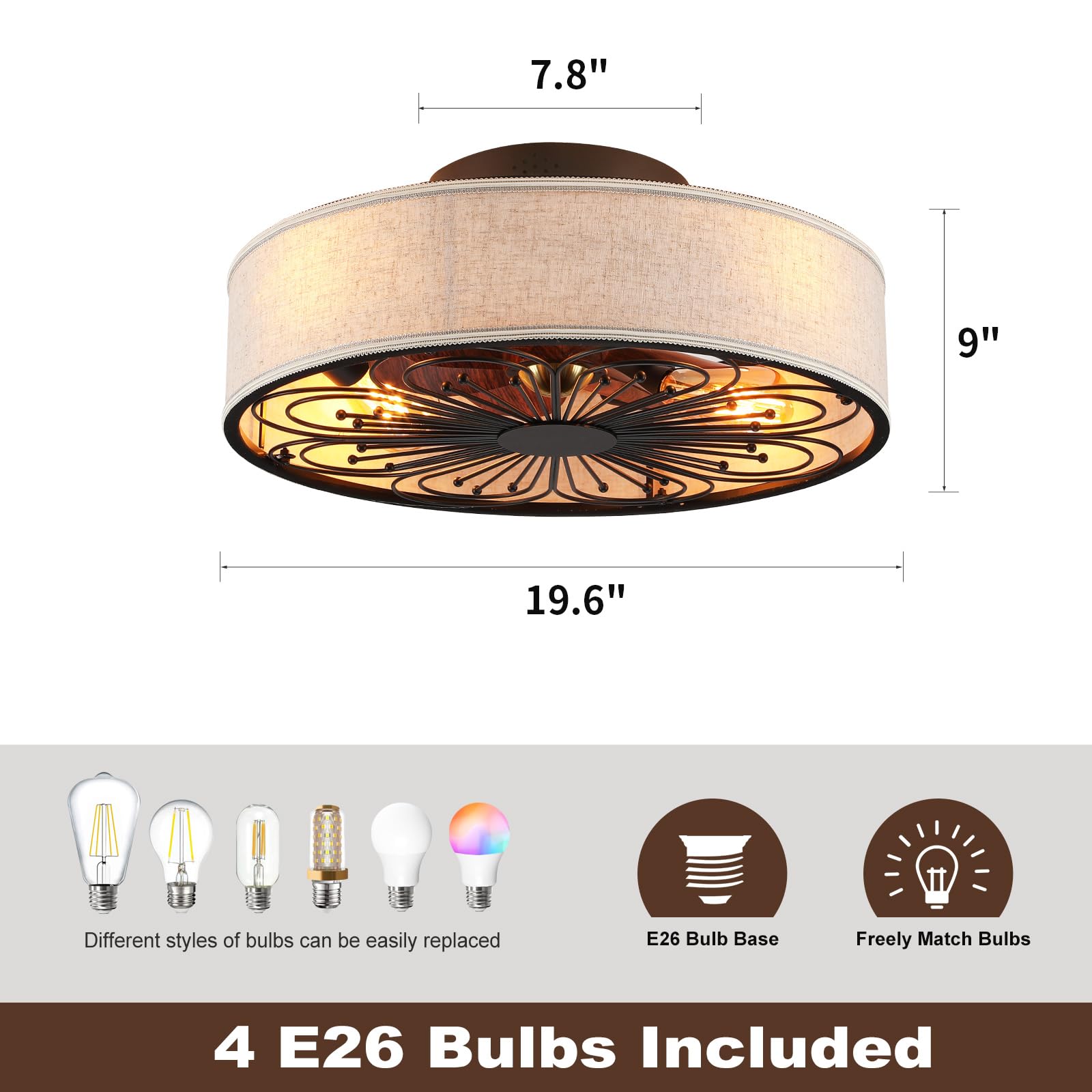 Alaruder Caged Ceiling Fans With Lights Flush Mount,Low Profile Ceiling Fan With Remote,20 Inch Farmhouse White Ceiling Fan For