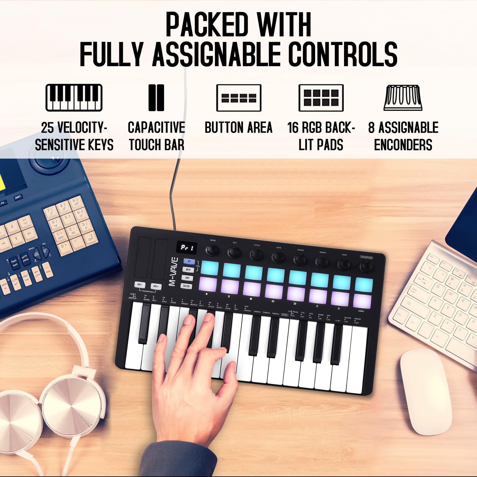 M Wave 25 Key Usb Midi Keyboard Controller With 16 Backlit Drum Pads, Bluetooth Semi Weighted Professional Dynamic Keybed 8 Knob