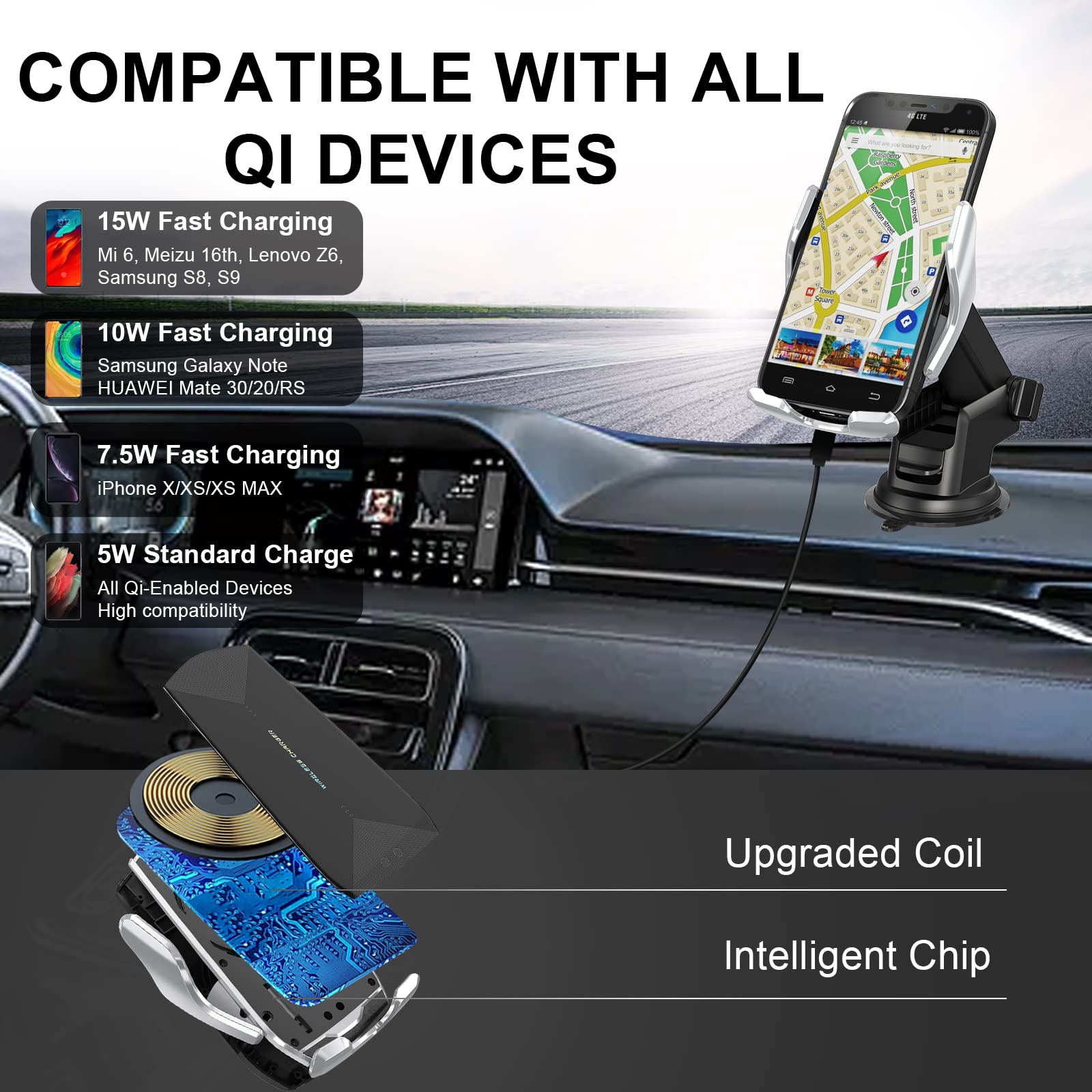 Car Phone Mount,Auto-Clamping Smart Sensor 10W Qi Fast Charging Car Front Windshield Dashboard Air Vent Phone Holder Compatible