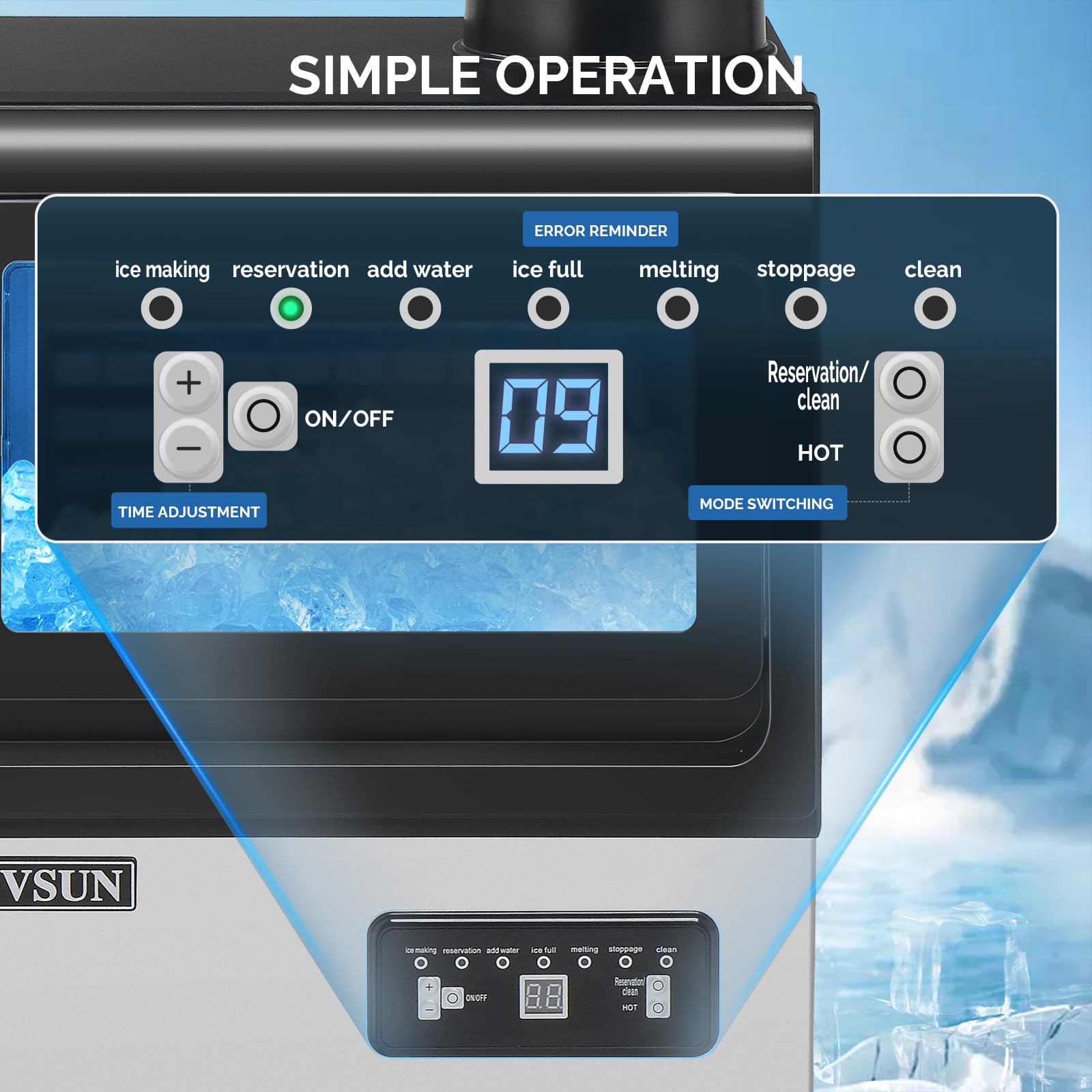 Rovsun 90Lbs/24H Commercial Ice Maker With 2 Water Inlets, Stainless Steel Ice Machine Countertop & Freestanding For Restaurant