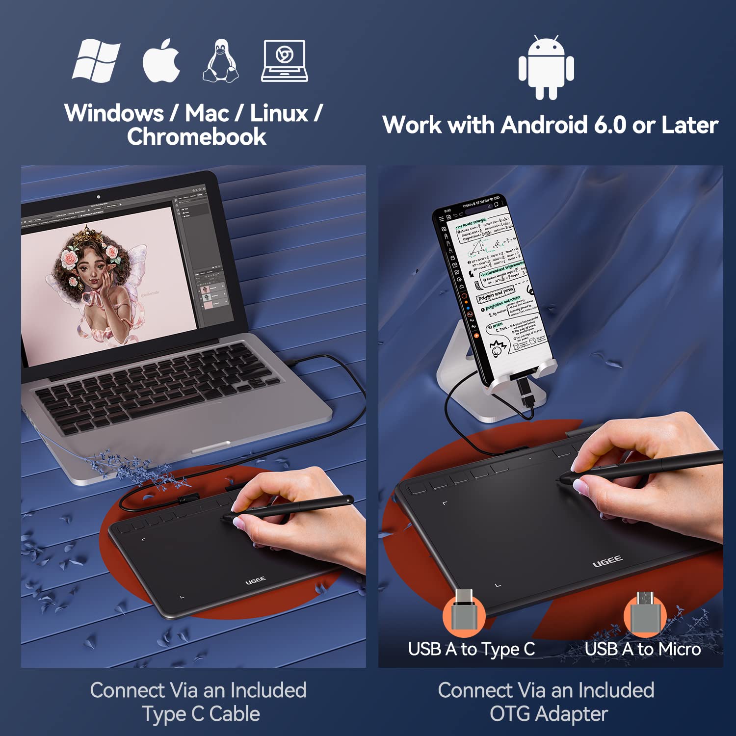 Graphics Drawing Tablet, Ugee S640 Digital Drawing Pad With 10 Hot Keys, 6.5X4 Inch Pen Tablet With 8192 Levels Battery Free Sty