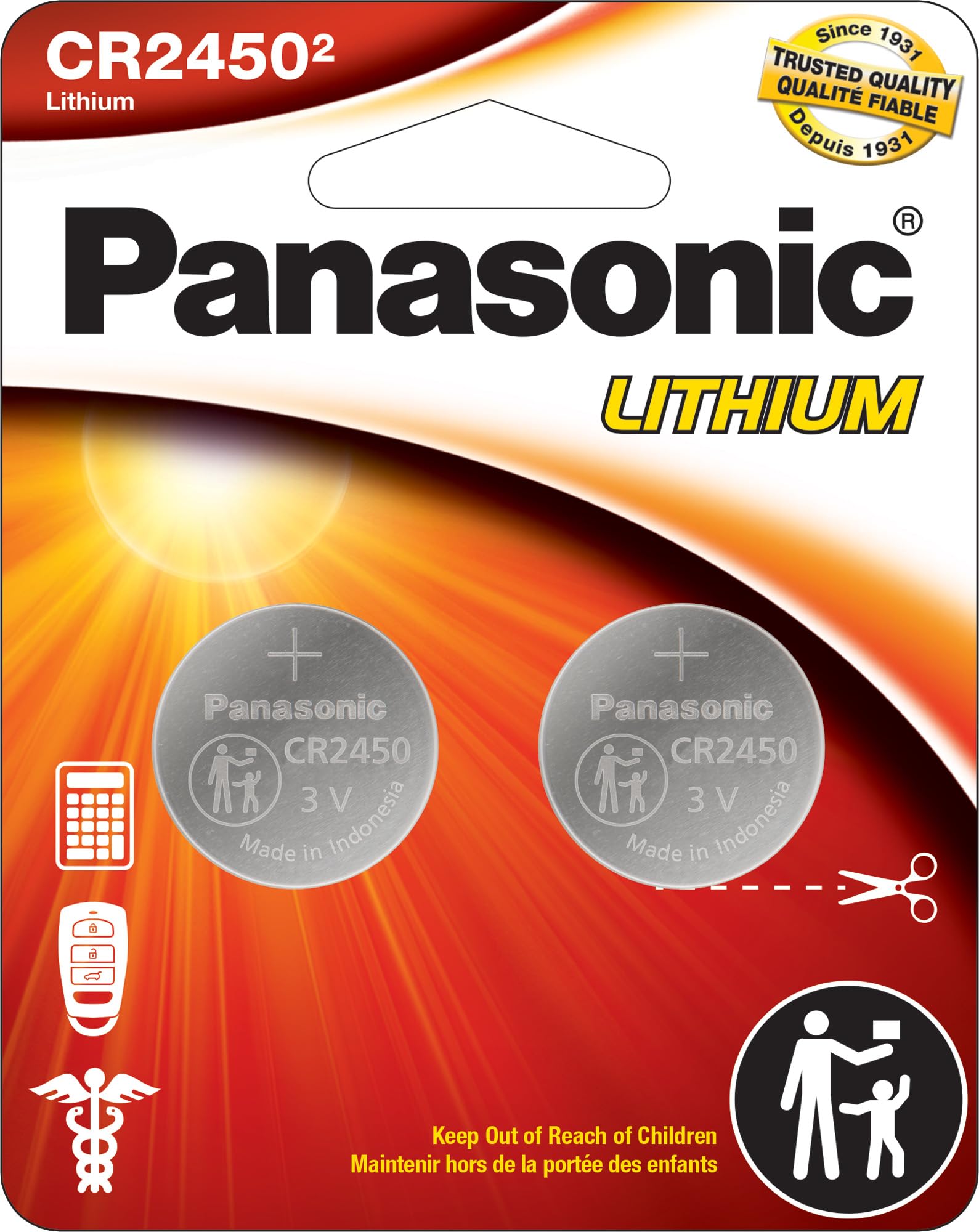 Panasonic Cr2450 3.0 Volt Long Lasting Lithium Coin Cell Batteries In Child Resistant, Standards Based Packaging, 2 Battery Pack