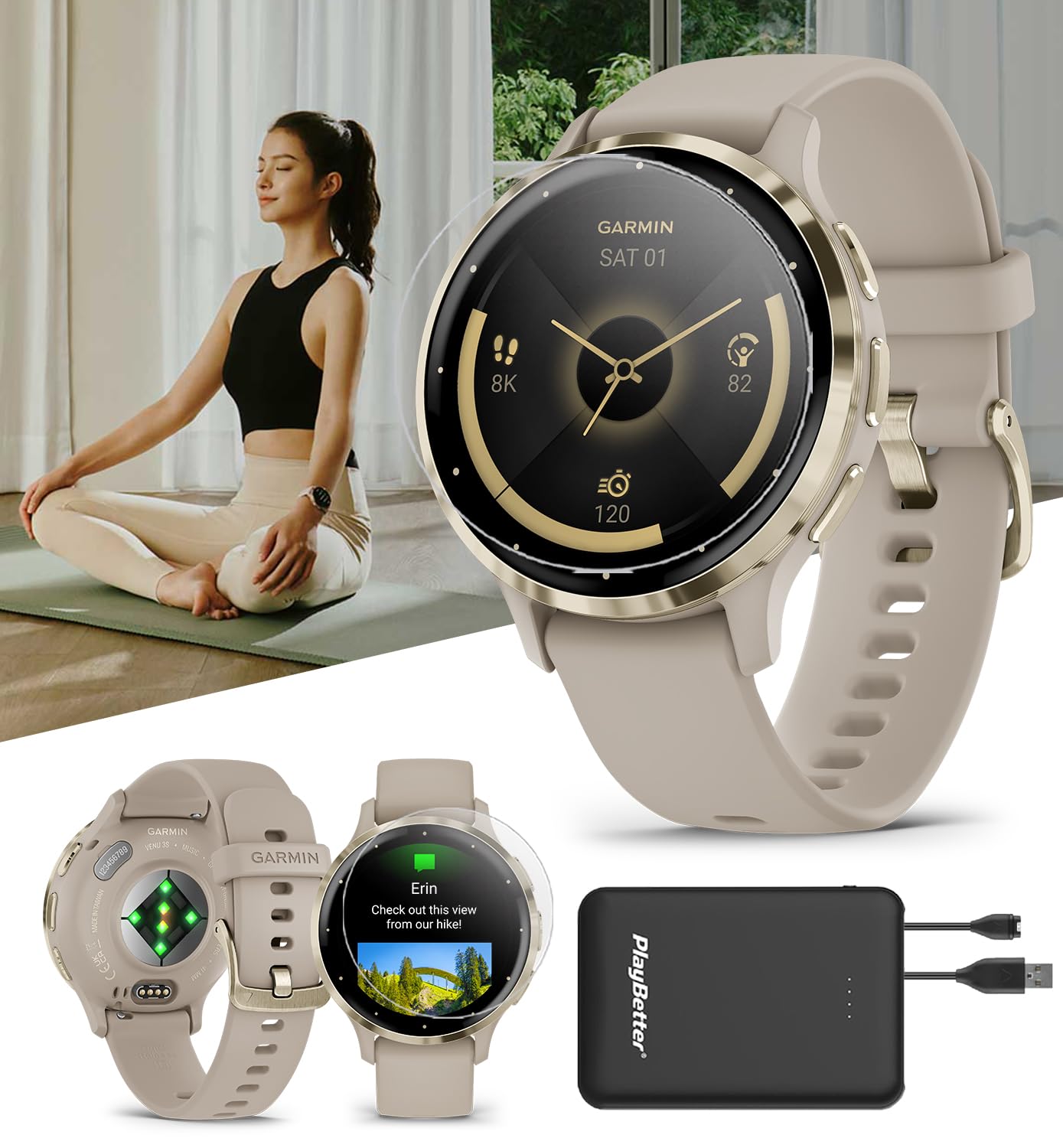 Playbetter Garmin Venu 3S (Soft Gold/French Gray) Fitness Gps Smartwatch Bundle - Amoled Touchscreen, 10 Days Battery, Sleep & R