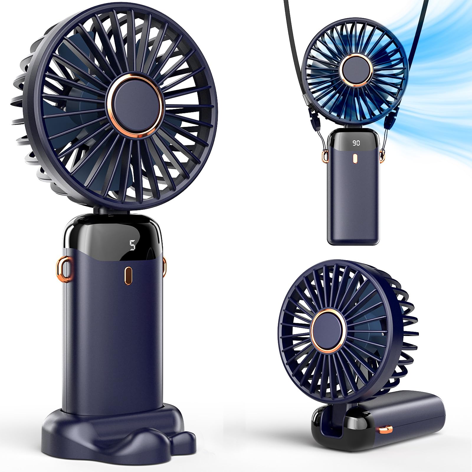 Koonie Portable Handheld Fan, 5000mAh Battery Operated with Base, 20 Hours, Digital Display, 5 Speeds, 90 Ajustable, Rechargeabl