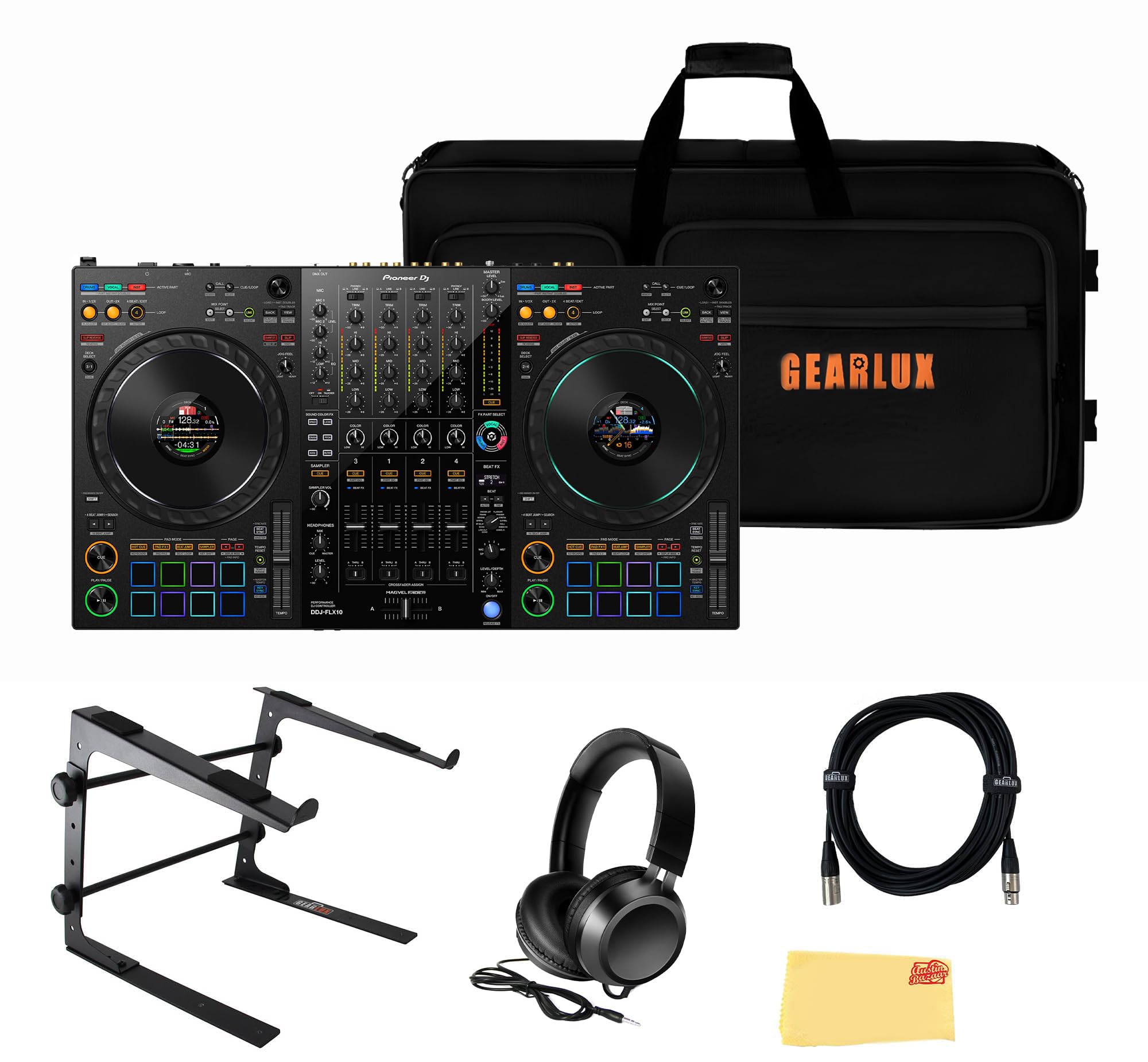 Pioneer DDJ-FLX10 4-Channel Professional DJ Controller - Black Bundle with Case, Laptop Stand, HDJ-CUE1 Headphones, XLR Micropho