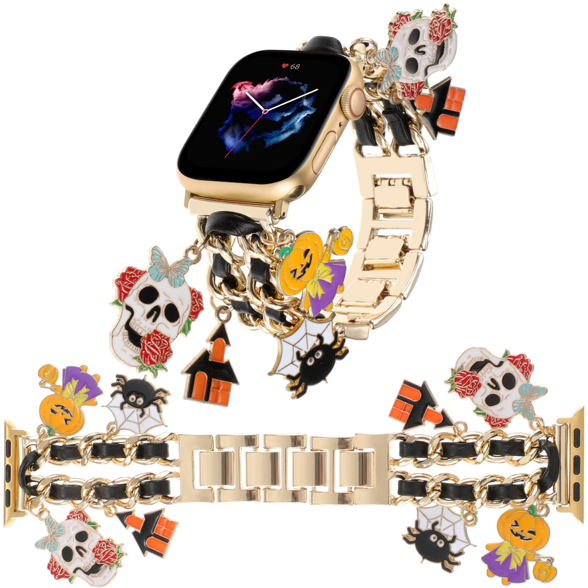 Realsign Stylish Metal Wristband Compatible With Apple Watch Band 42Mm 44Mm 45Mm 49Mm,Halloween Bracelet With Skull Pumpkin Spid