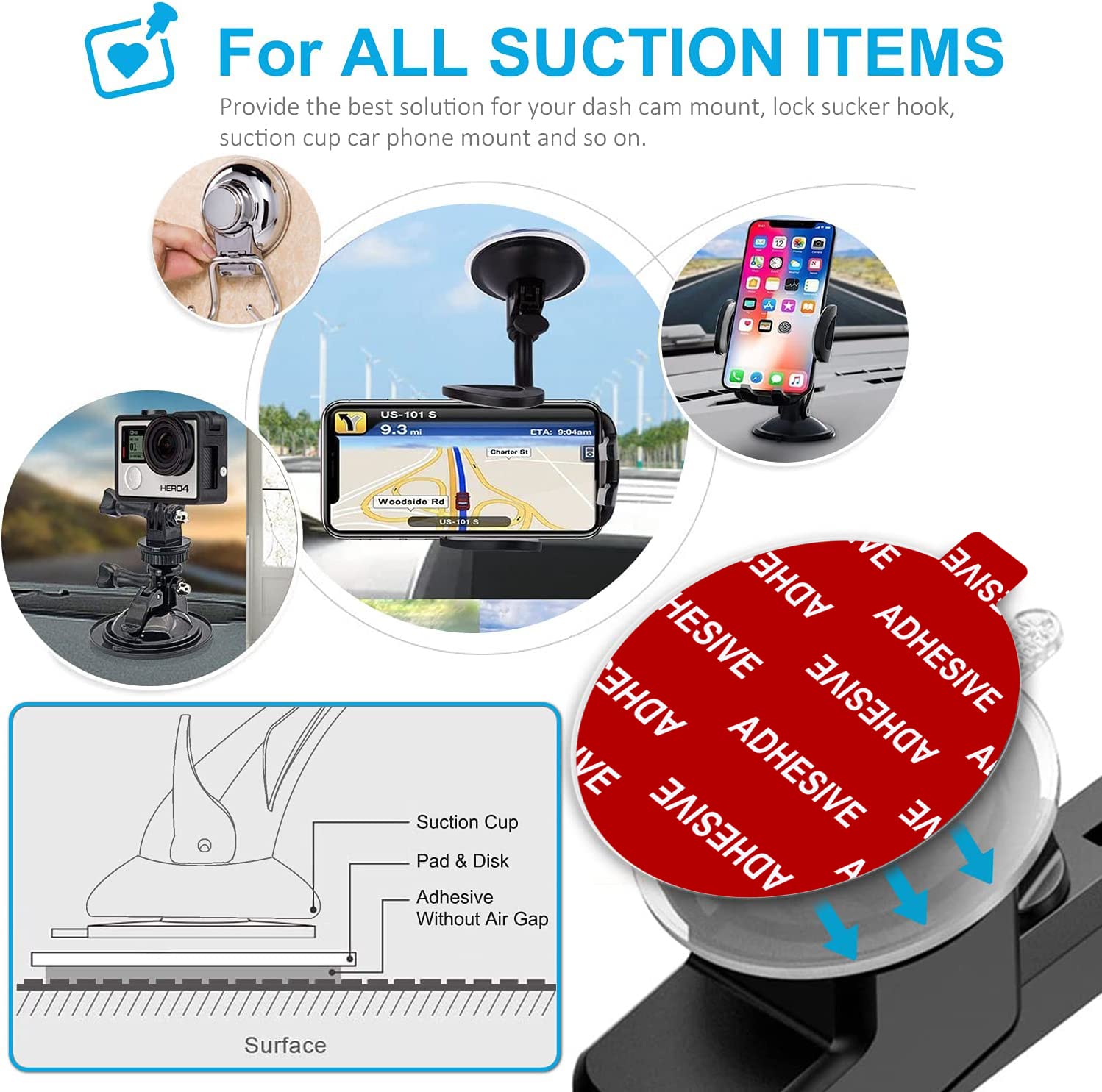 Galundge 9 PCS Transparent Double-Sided Adhesive Pads for Dashboard/Windshield Mount, 80mm Suction Cup Stickers for Camera/GPS/Phone