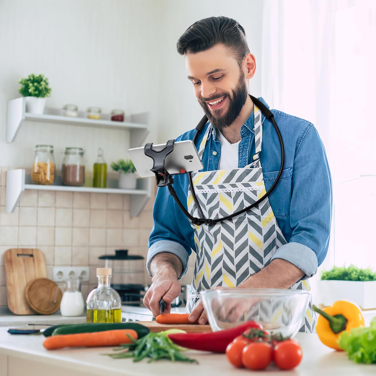 Housoutil Adjustable Neck Phone Holder, U-Shape Lazy Phone Stand, Black Neck Holder For Bedside And Desktop Use Perfect For Live